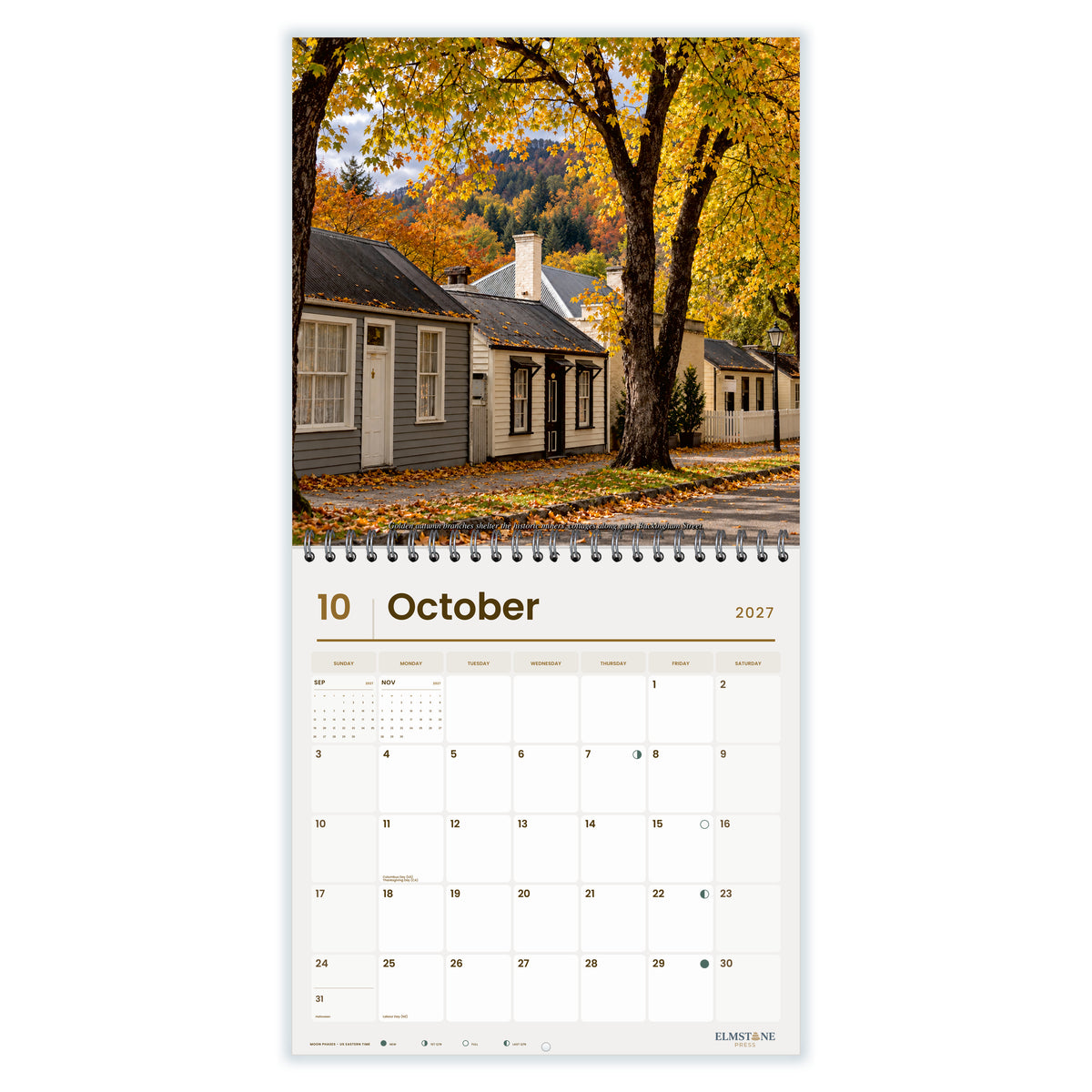 2027 Arrowtown New Zealand Wire-O square wall calendar - october open monthly spread on white