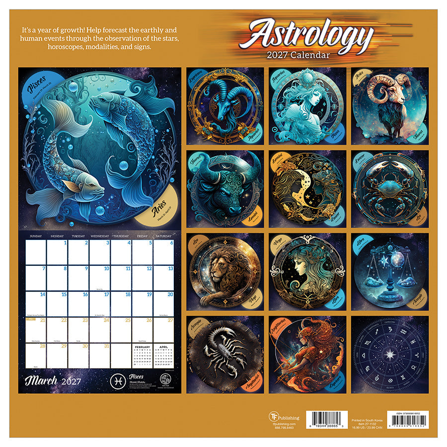 2027 Astrology wall calendar back cover and zodiac artwork