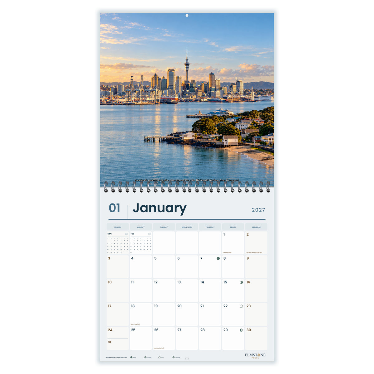 2027 Auckland New Zealand Wire-O square wall calendar - january open monthly spread on white