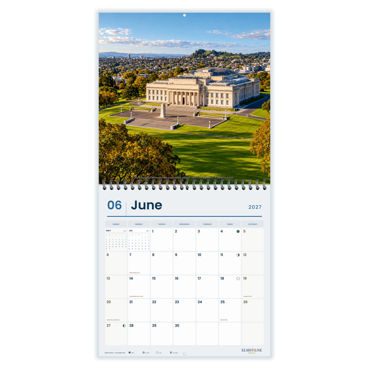 2027 Auckland New Zealand Wire-O square wall calendar - june open monthly spread on white