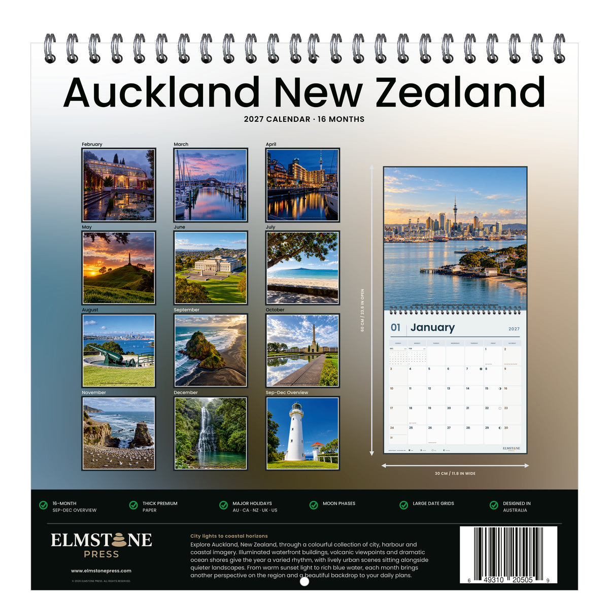 2027 Auckland New Zealand Wire-O square wall calendar - back cover