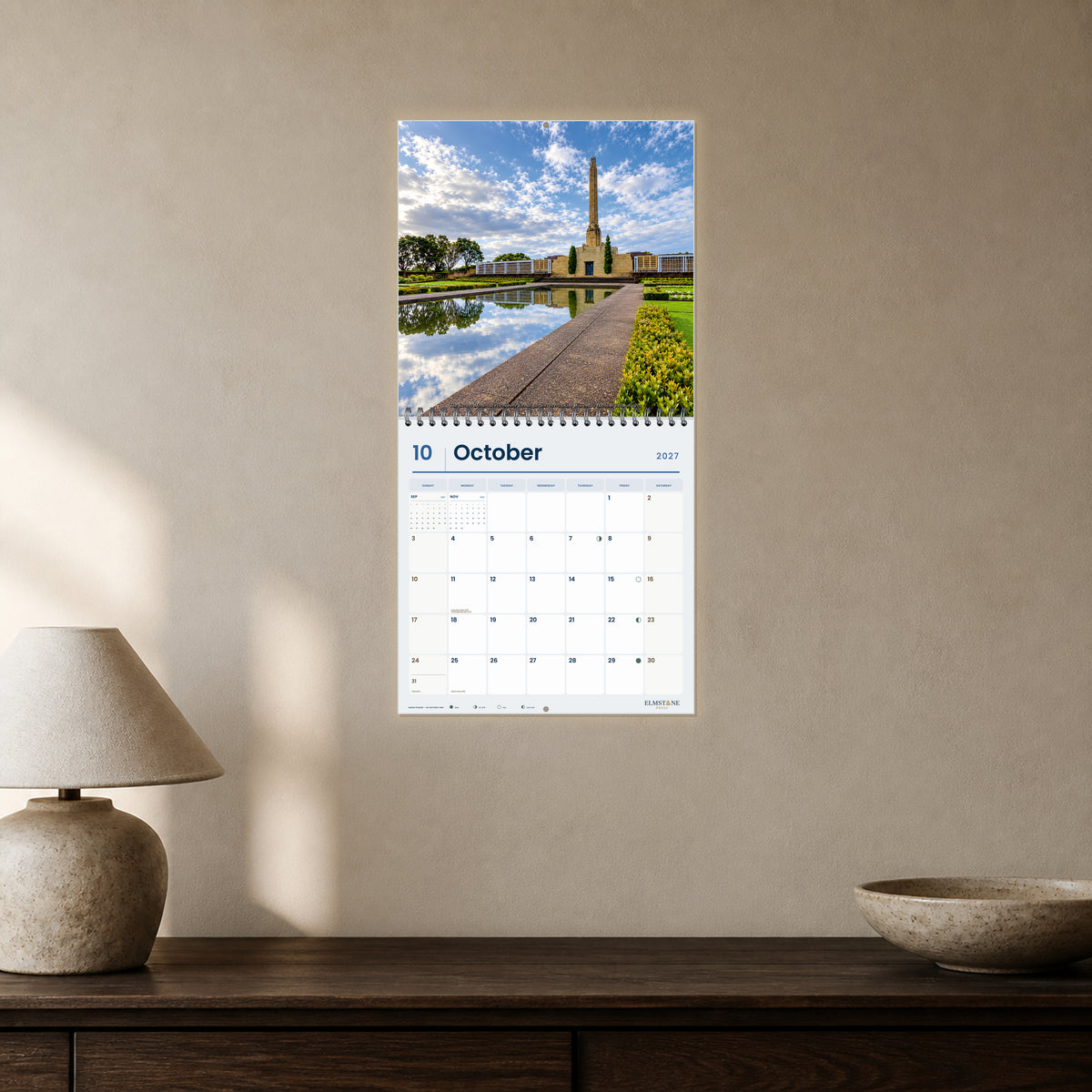 2027 Auckland New Zealand Wire-O square wall calendar - open calendar displayed in a mushroom console october