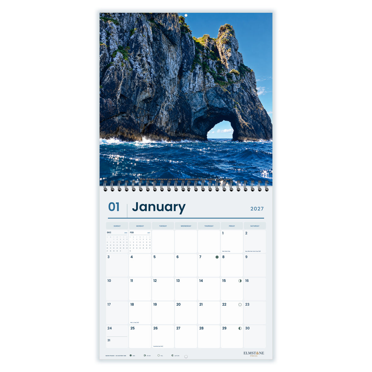 2027 Bay of Islands New Zealand Wire-O square wall calendar - january open monthly spread on white