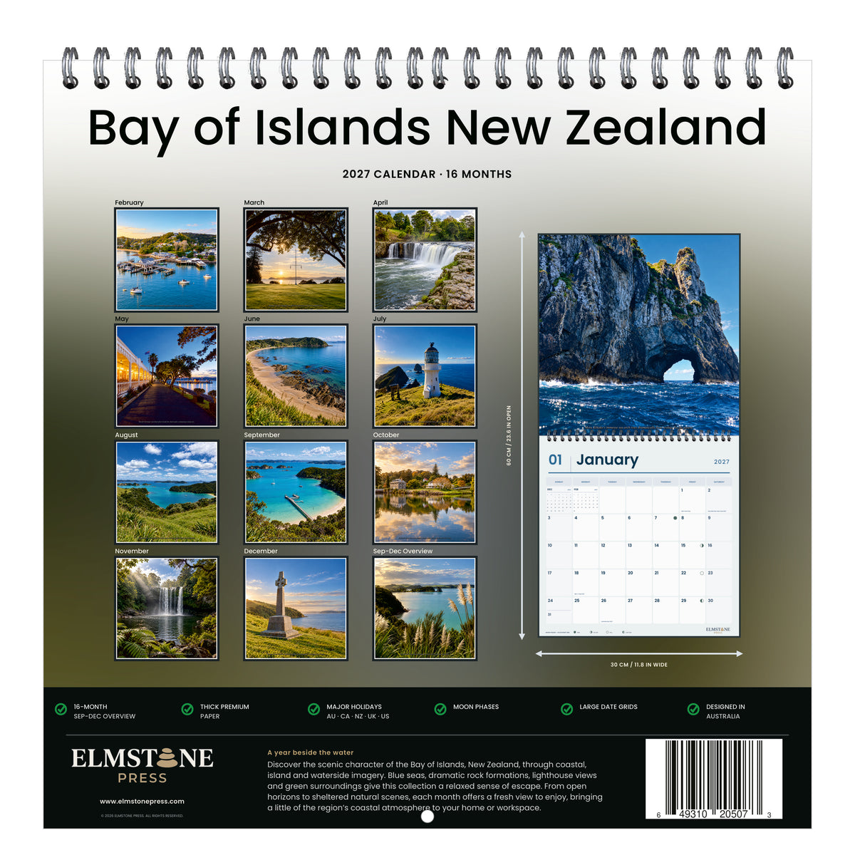 2027 Bay of Islands New Zealand Wire-O square wall calendar - back cover