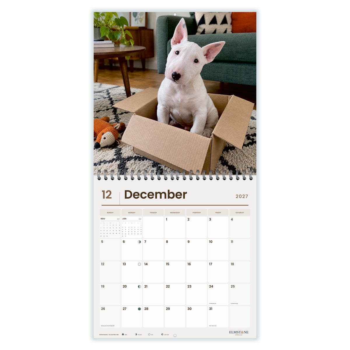 2027 Bull Terrier Puppies Wire-O square wall calendar - december open monthly spread on white