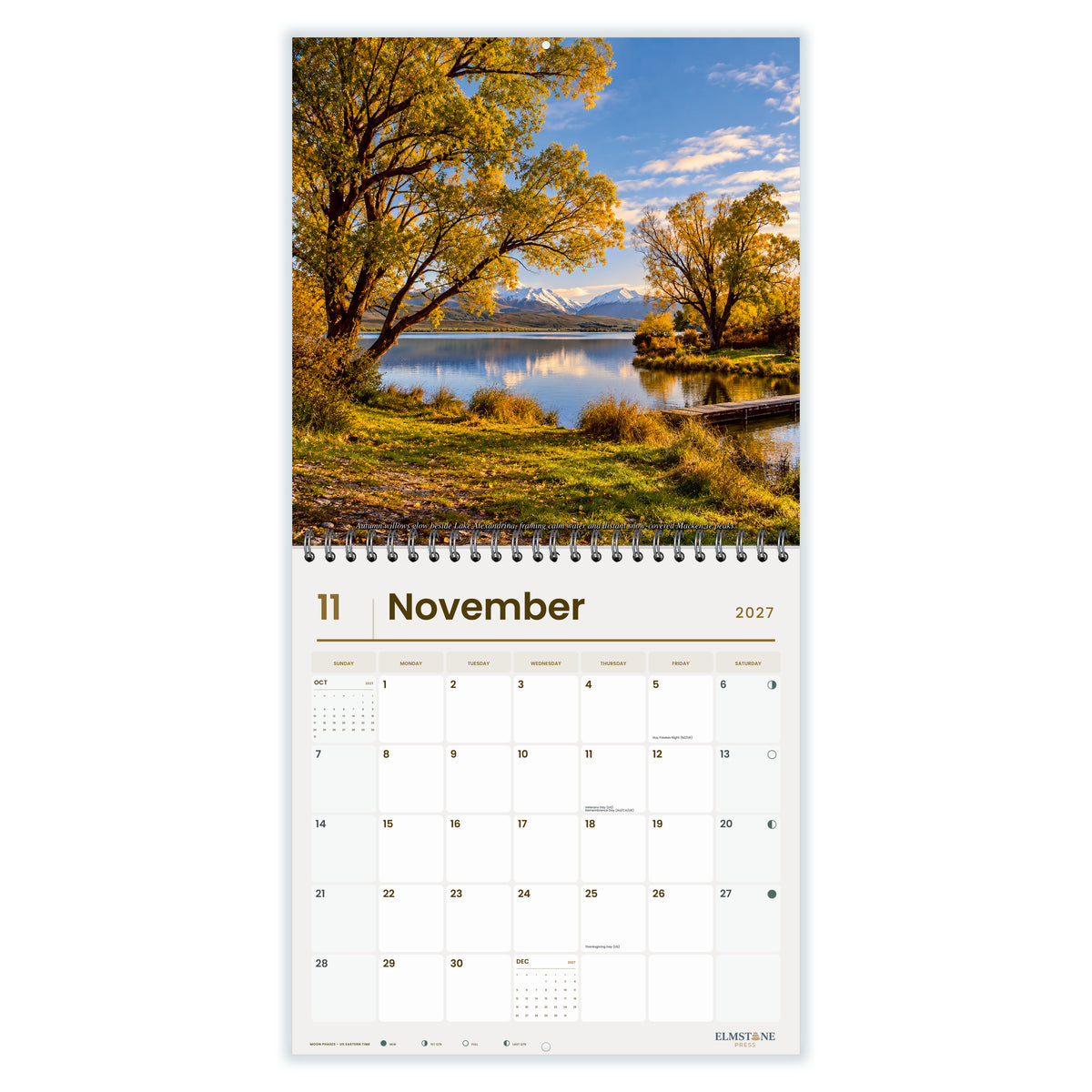 2027 Canterbury New Zealand Wire-O square wall calendar - november open monthly spread on white
