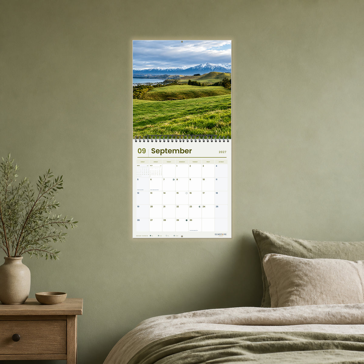2027 Canterbury New Zealand Wire-O square wall calendar - open calendar displayed in a sage bedroom september