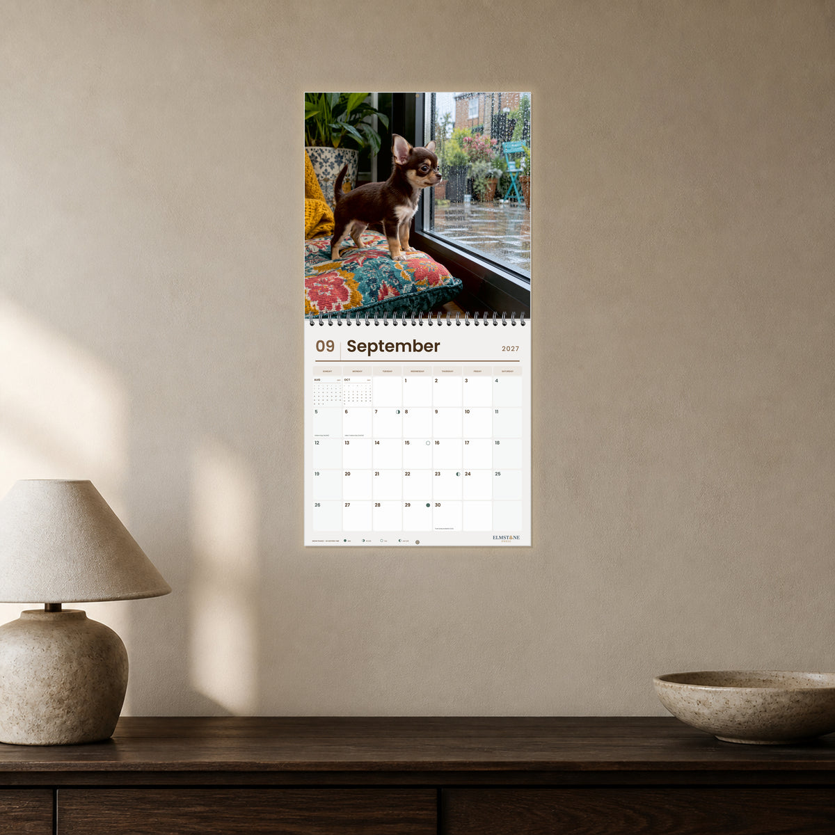 2027 Chihuahua Puppies Wire-O square wall calendar - open calendar displayed in a mushroom console september