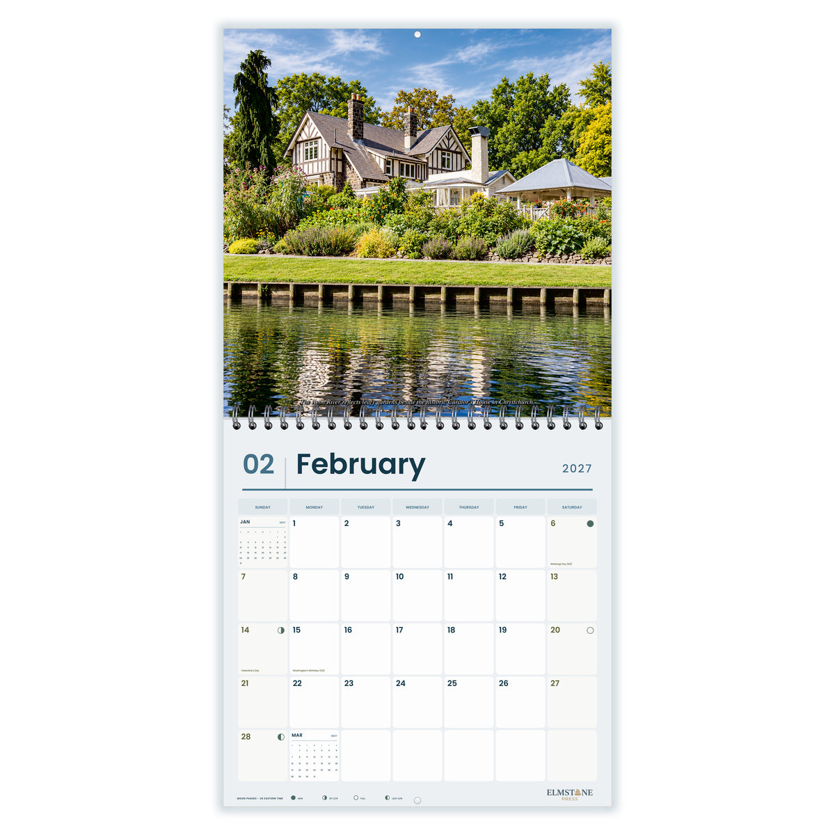 2027 Christchurch New Zealand Wire-O square wall calendar - february open monthly spread on white
