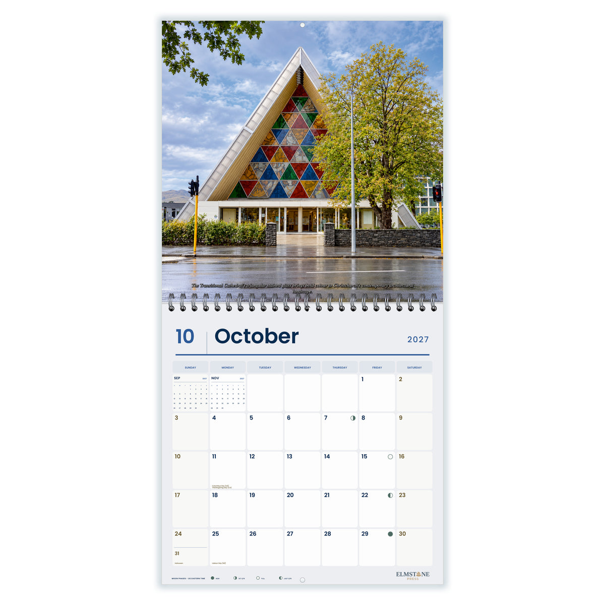 2027 Christchurch New Zealand Wire-O square wall calendar - october open monthly spread on white