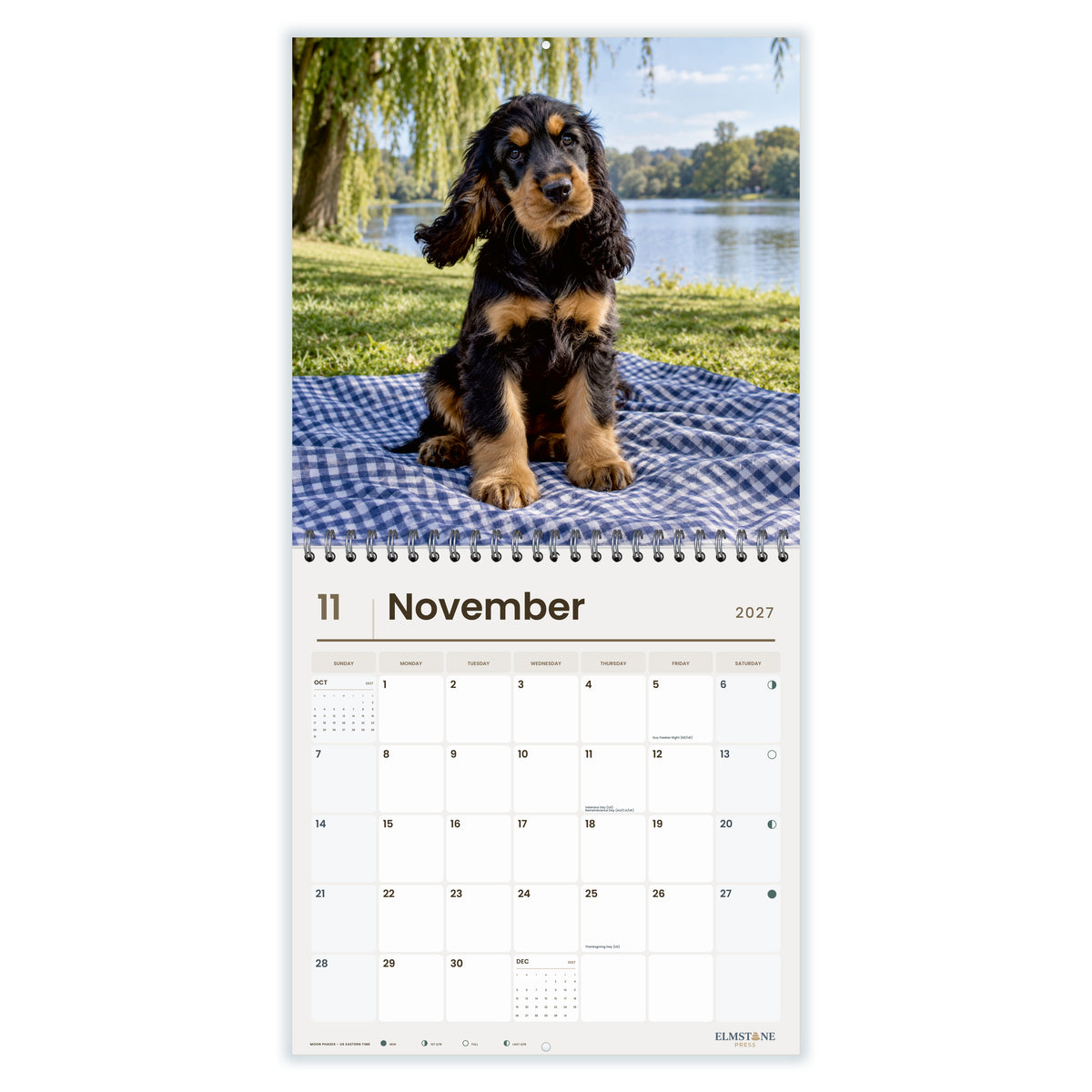 2027 English Cocker Spaniel Puppies Wire-O square wall calendar - november open monthly spread on white