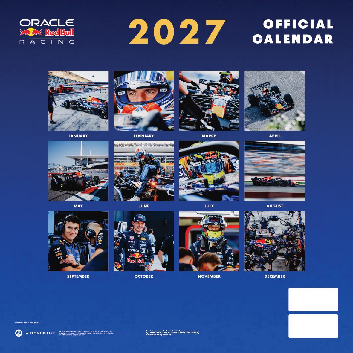 2027 Formula One Red Bull square wall calendar back cover with monthly image previews