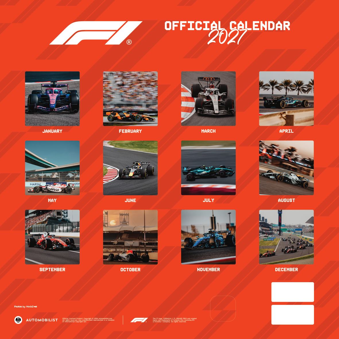 2027 Formula One square wall calendar back cover with monthly image previews