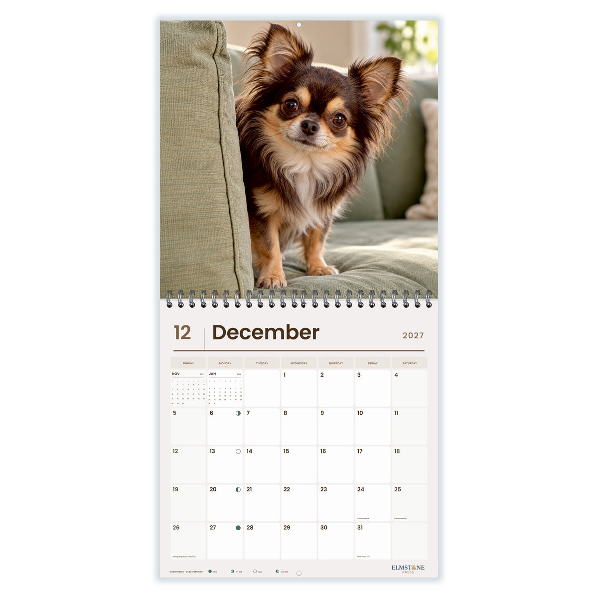 2027 Long-haired Chihuahuas Wire-O square wall calendar - december open monthly spread on white