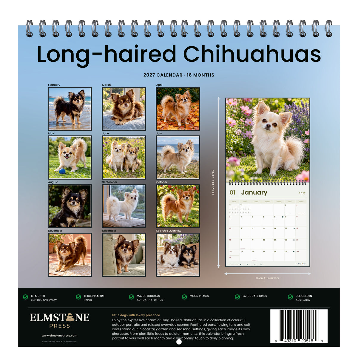 2027 Long-haired Chihuahuas Wire-O square wall calendar - back cover
