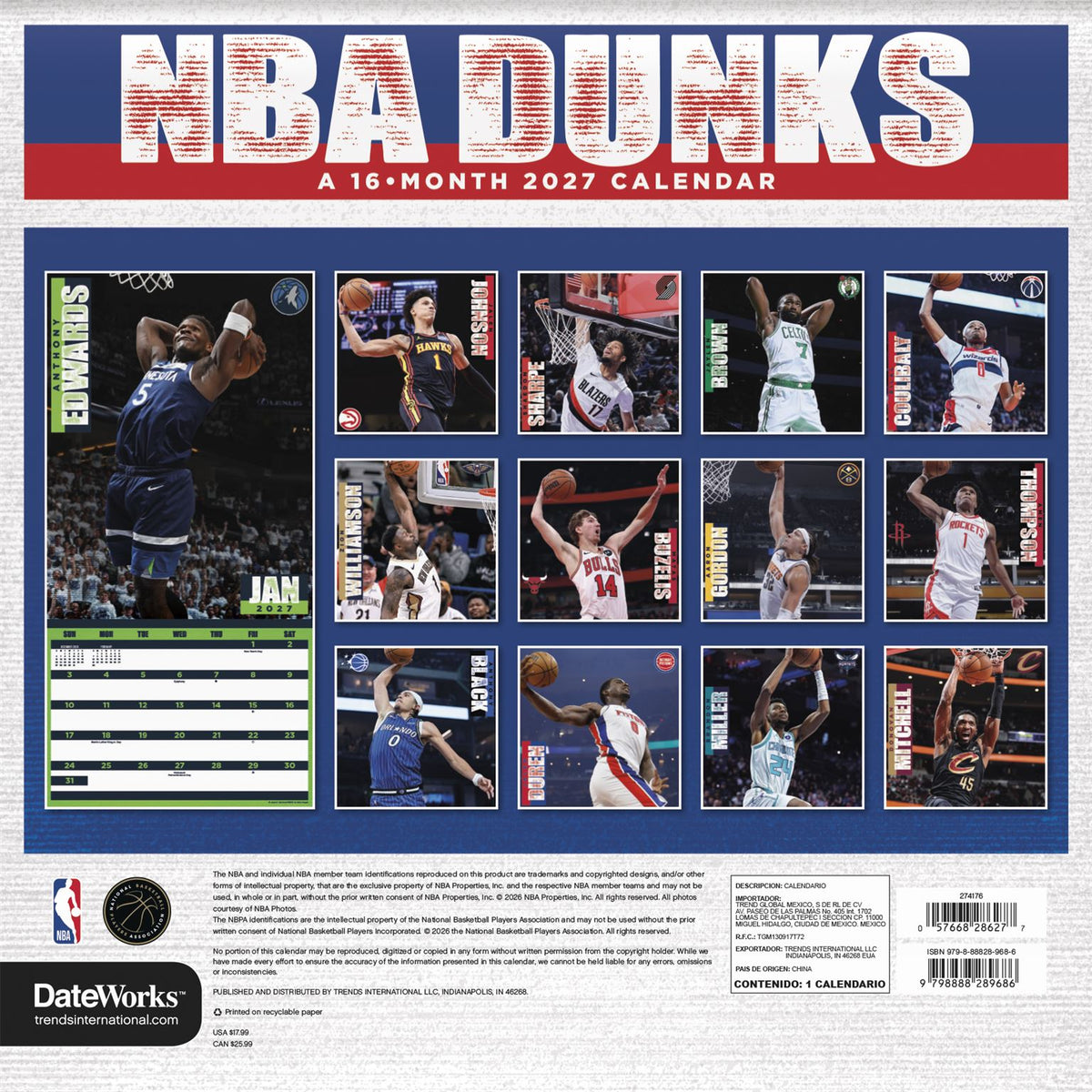 2027 NBA Dunks square wall calendar back cover with monthly image previews