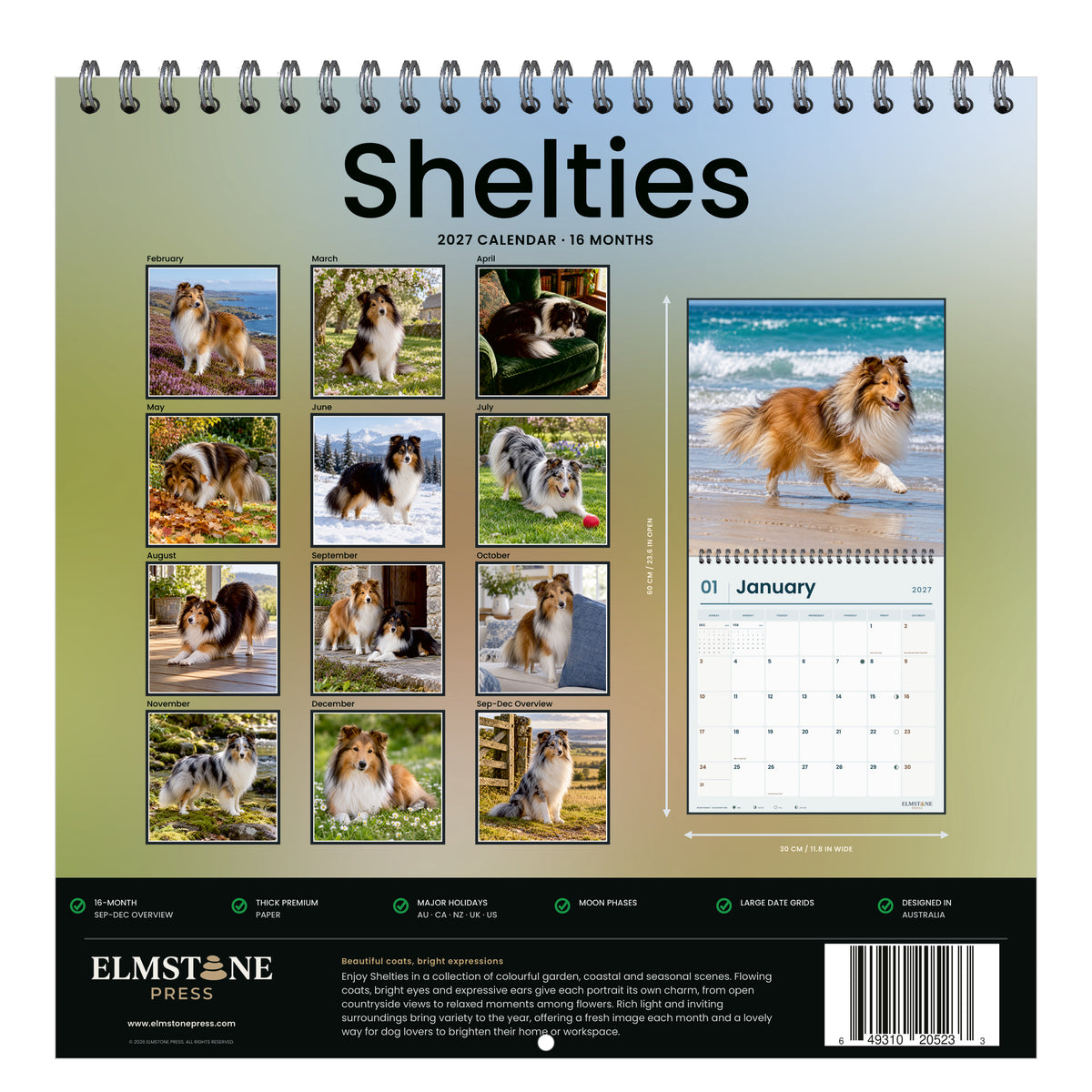 2027 Shelties Wire-O square wall calendar - back cover