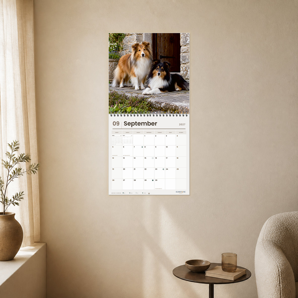 2027 Shelties Wire-O square wall calendar - open calendar displayed in a ivory reading nook september