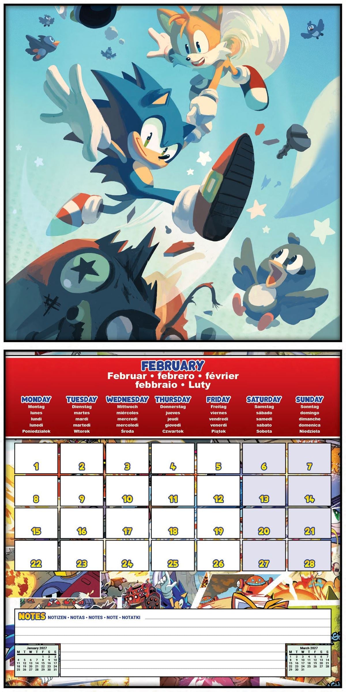2027 Sonic the Hedgehog square wall calendar inside monthly layout