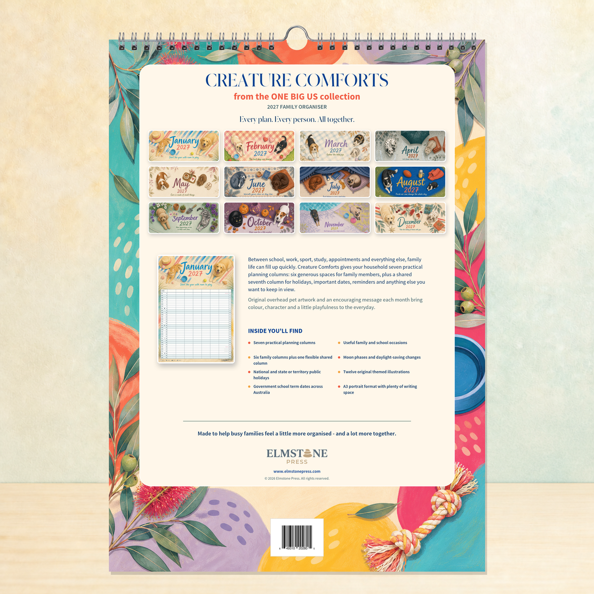 2027 Creature Comforts - ONE BIG US A3 Australian Family Organiser Calendar - Image 04