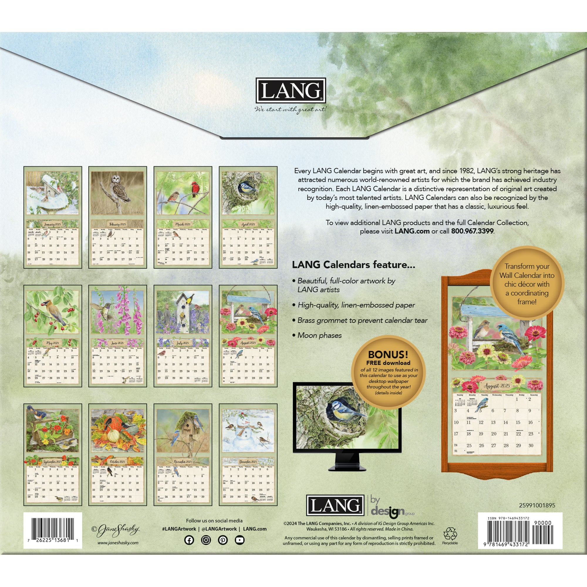 2025 LANG Birds In The Garden By Jane Shasky - Deluxe Wall Calendar