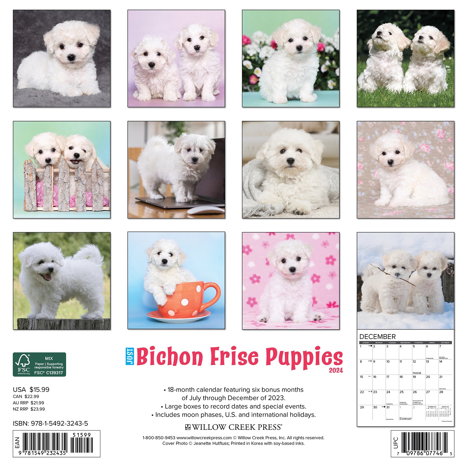2024 Just Bichon Frise Puppies Square Wall Calendar Dogs & Puppies