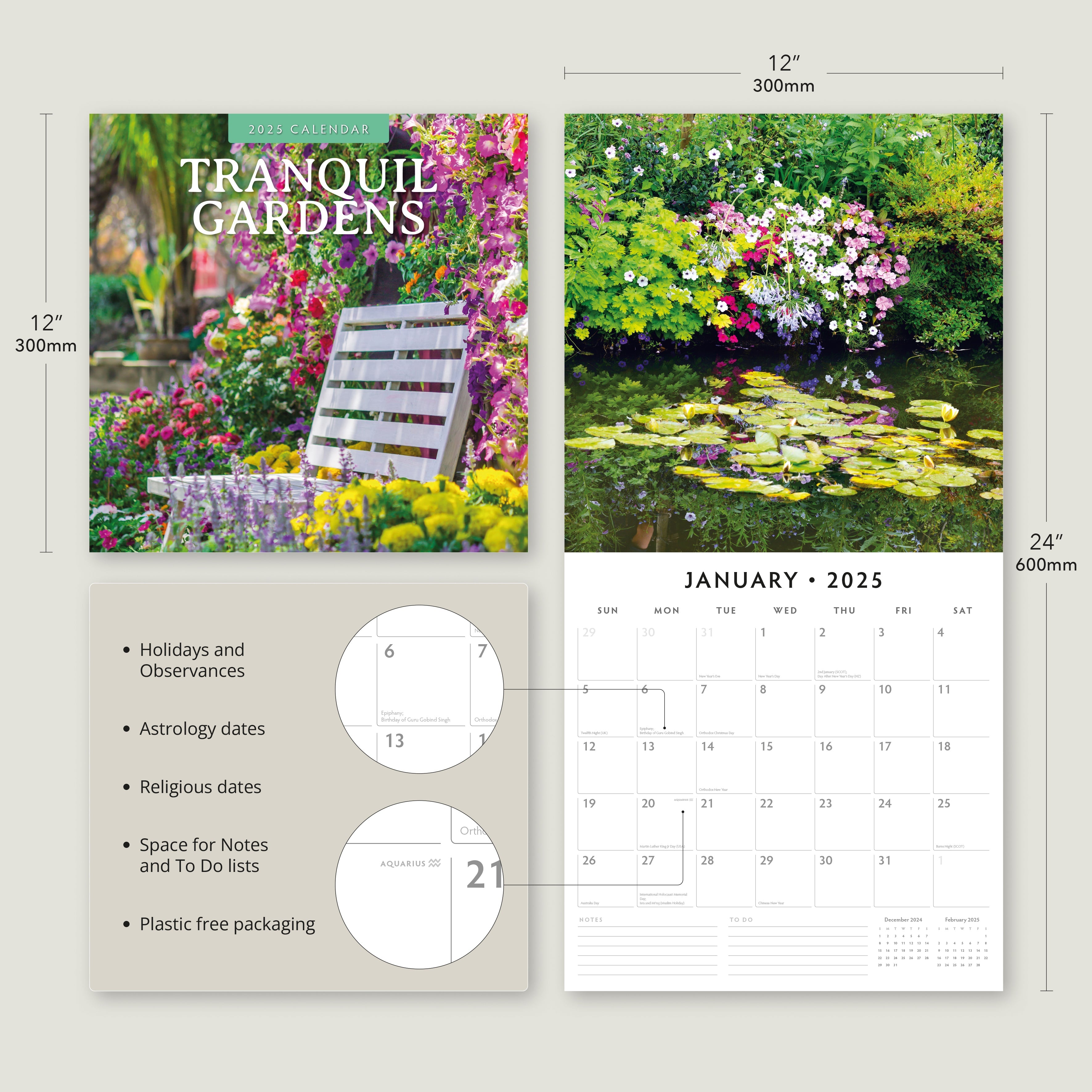 2025 Tranquil Gardens - Square Wall Calendar