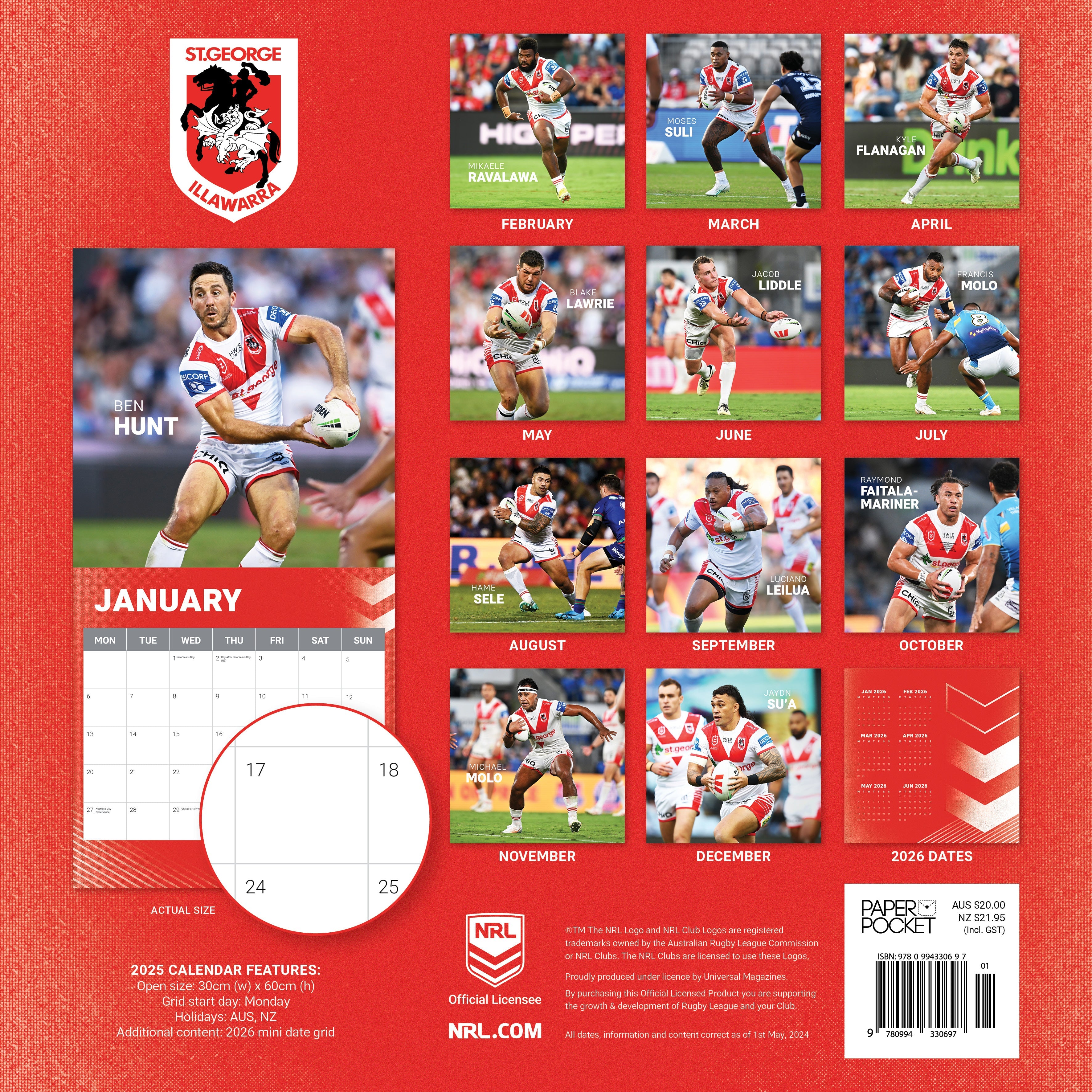 2025 NRL St George Illawarra Dragons - Square Wall Calendar