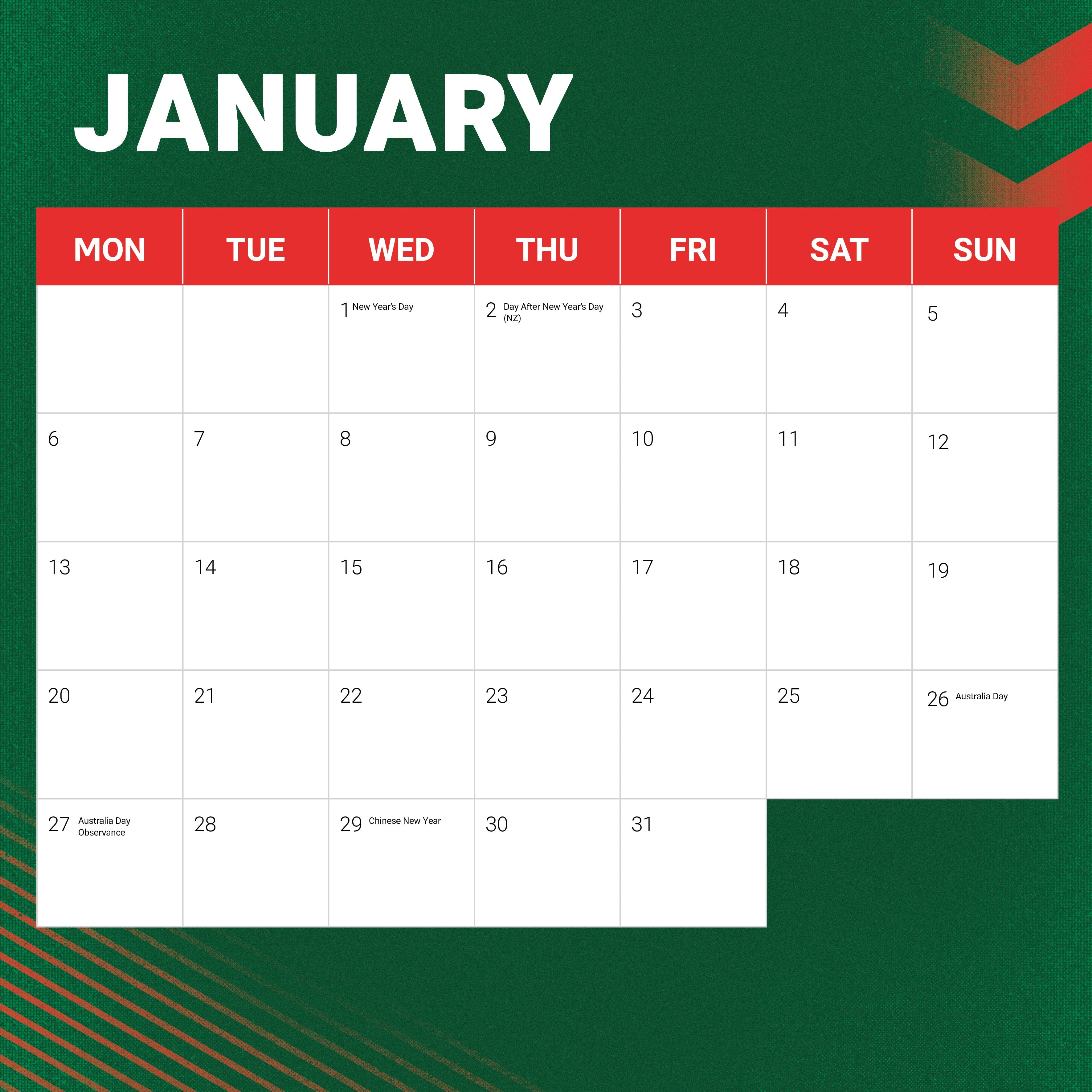 2025 NRL South Sydney Rabbitohs - Square Wall Calendar