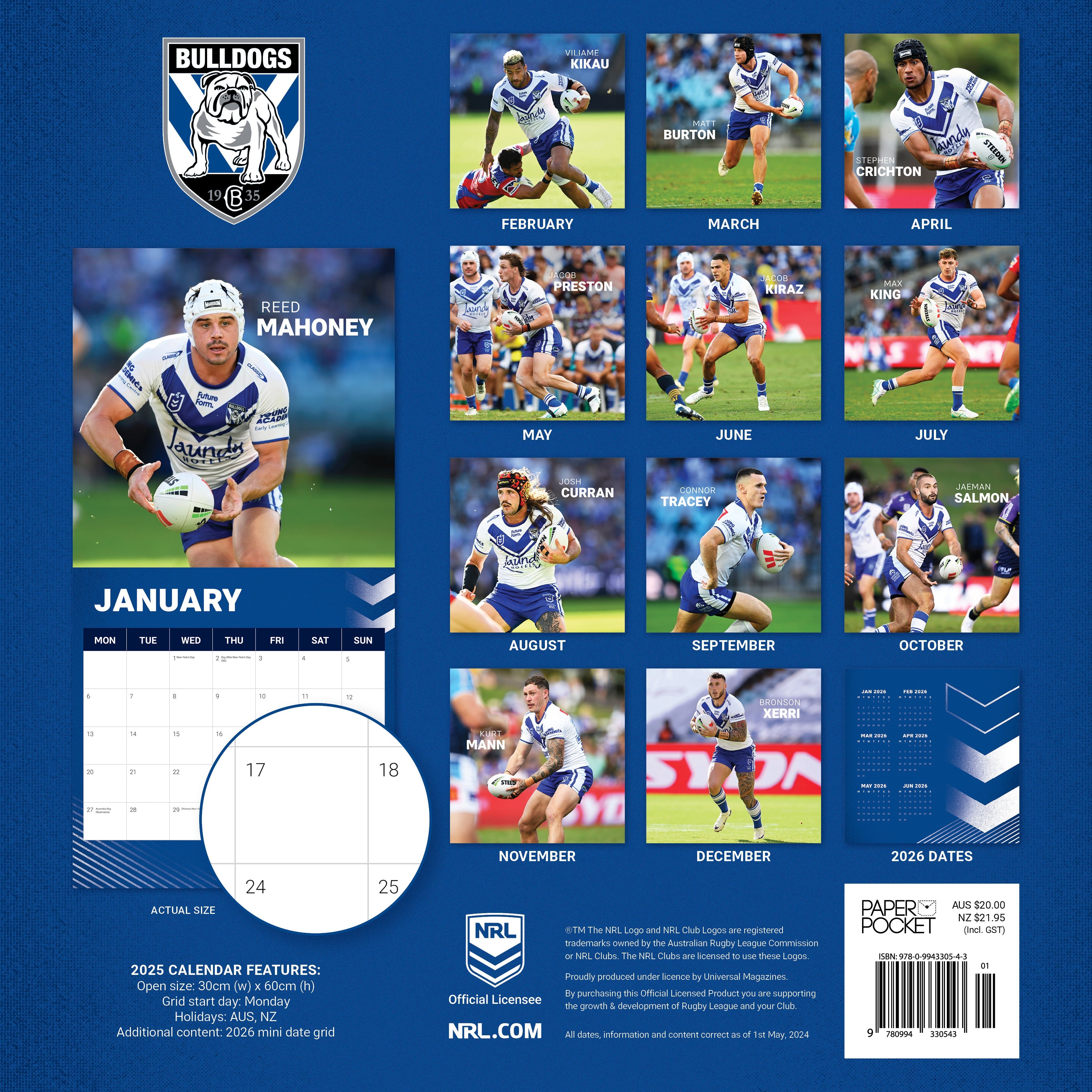 2025 NRL Canterbury- Bankstown Bulldogs - Square Wall Calendar