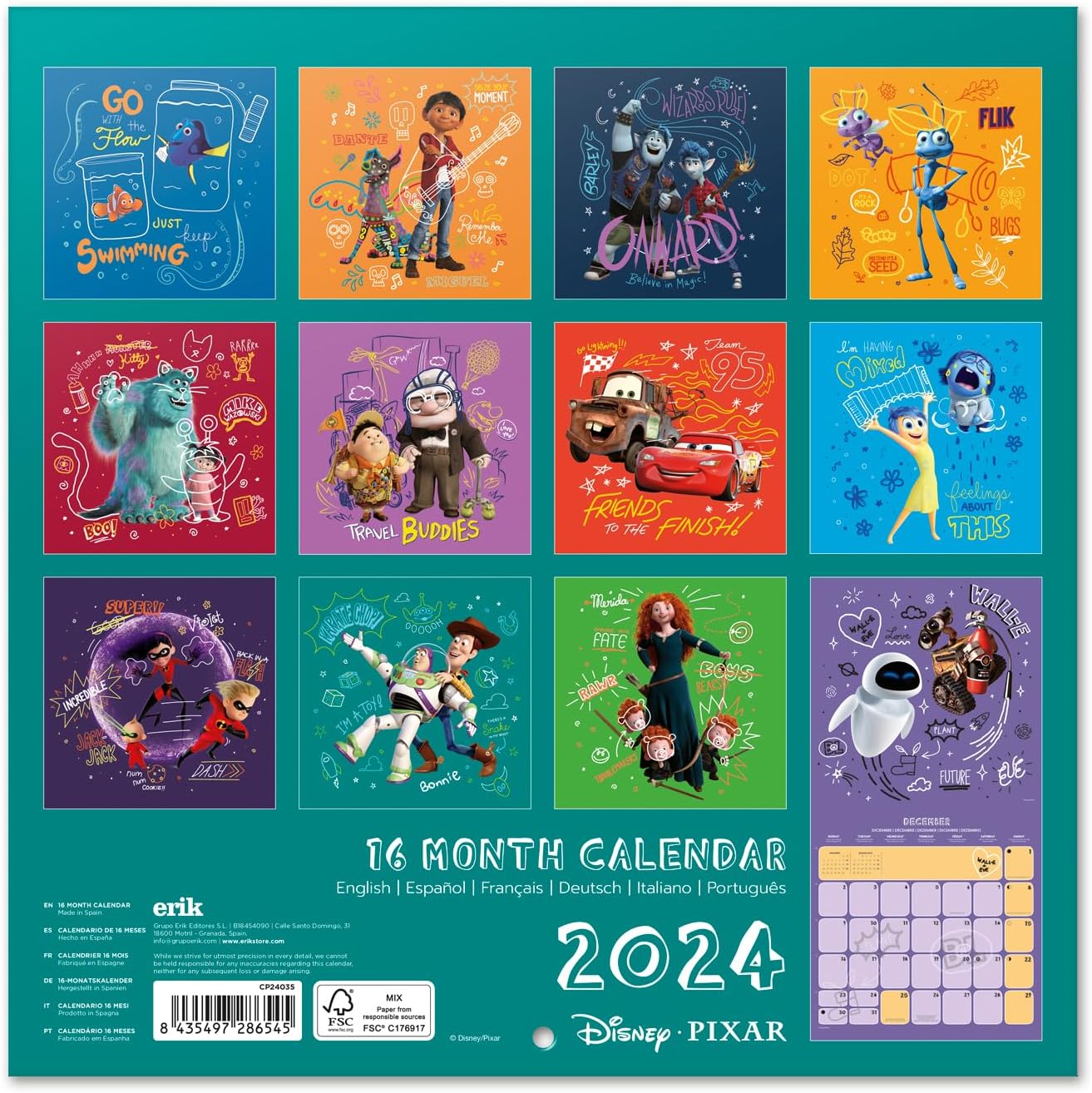 2024 Pixar Movies Square Wall Calendar