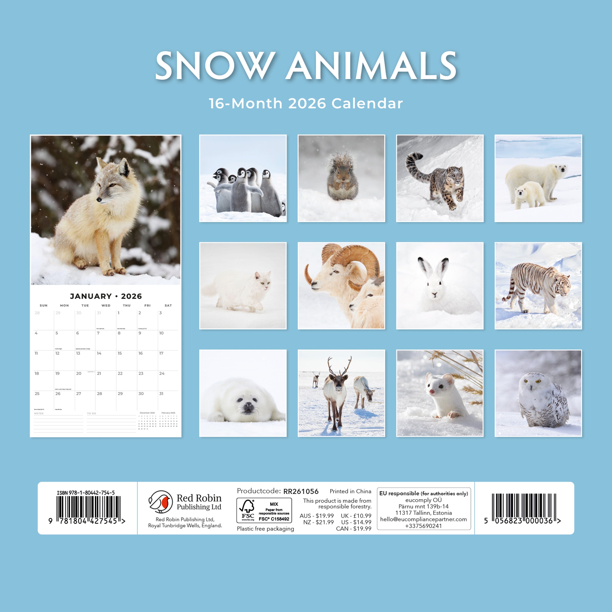 2026 Snow Animals - Square Wall Calendar