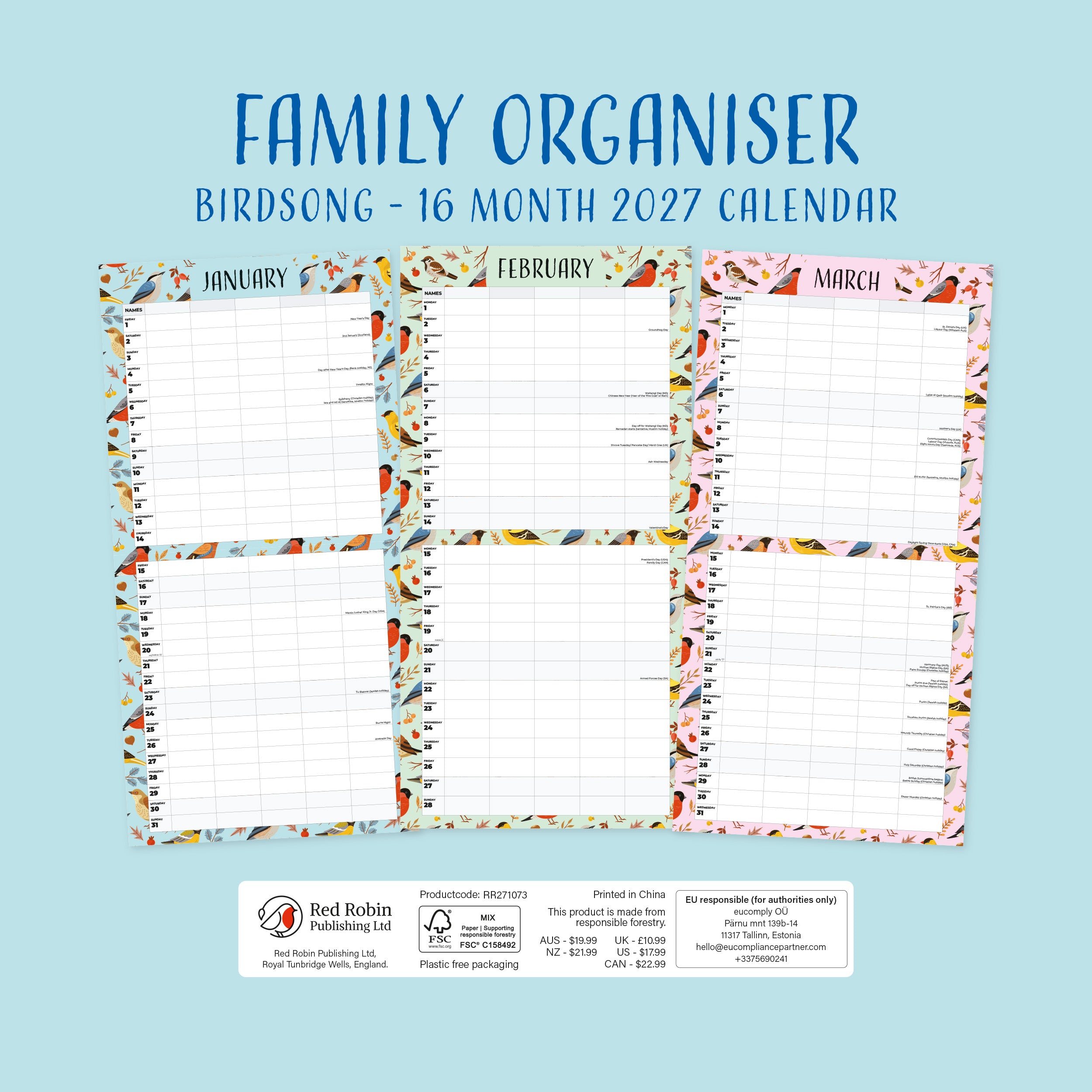 2027 Family Organiser - Birdsong - Square Wall Calendar