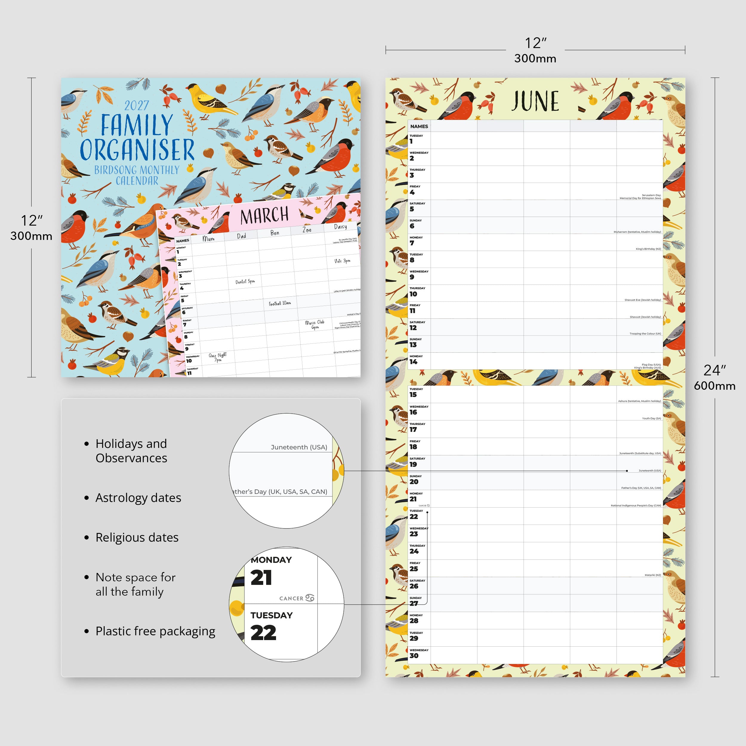2027 Family Organiser - Birdsong - Square Wall Calendar