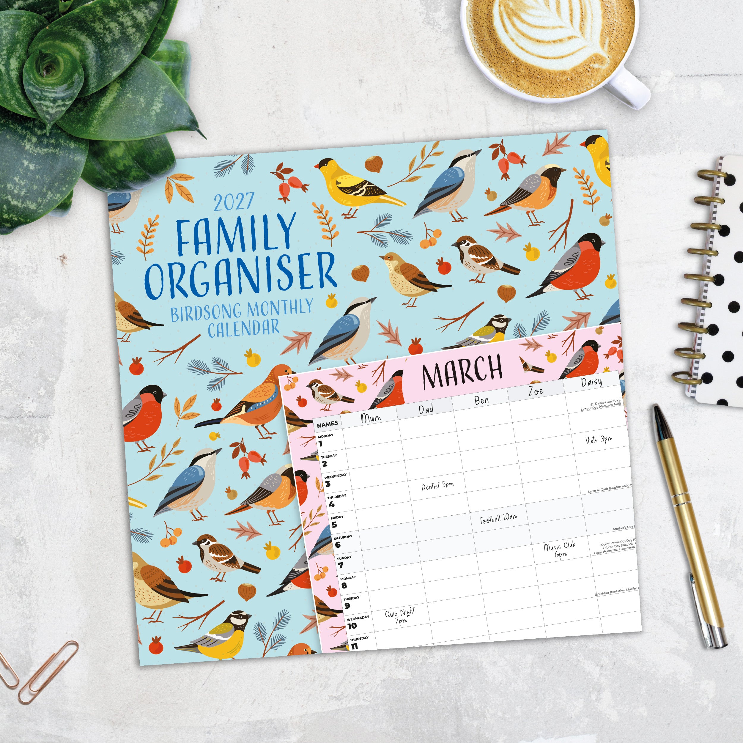 2027 Family Organiser - Birdsong - Square Wall Calendar