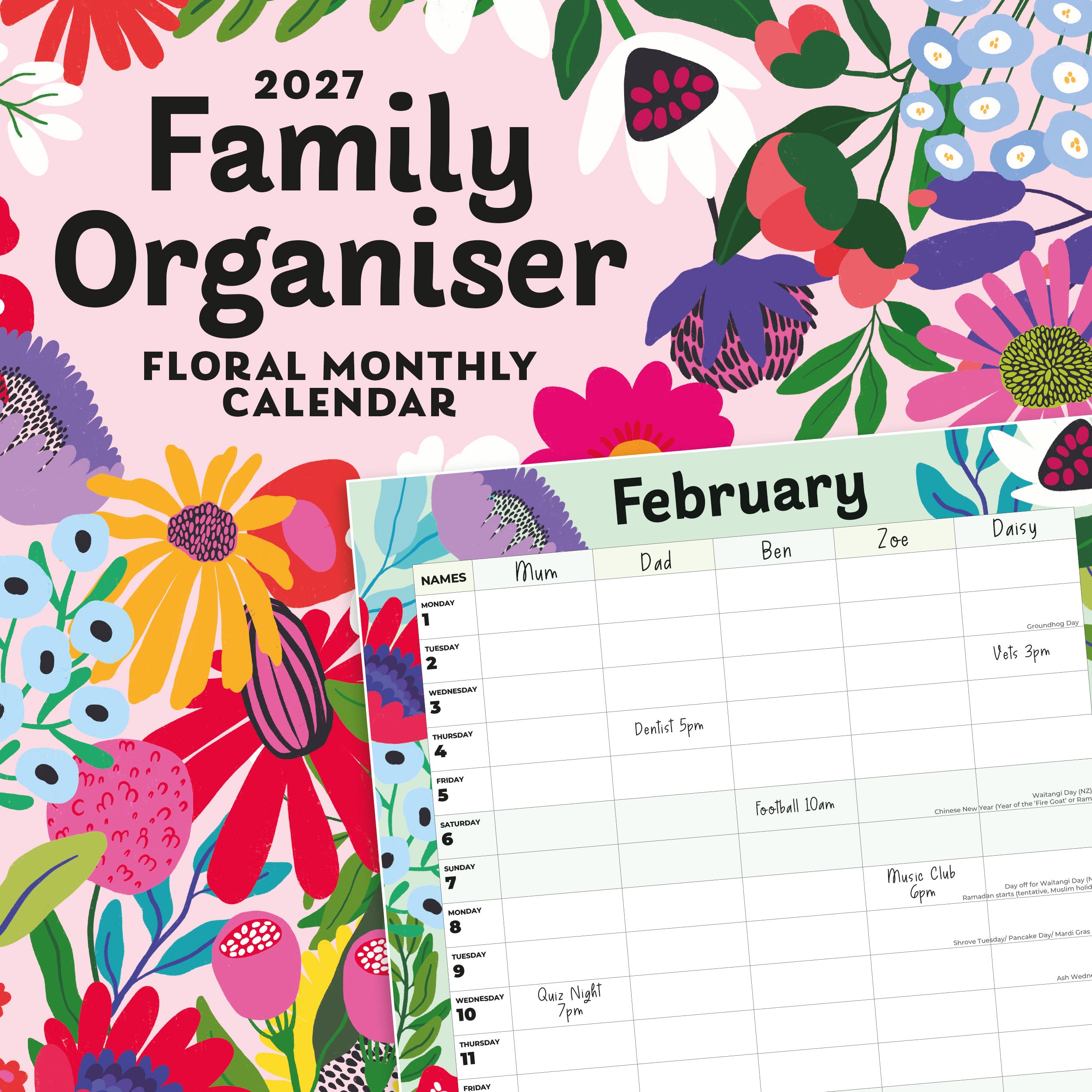 2027 Family Organiser - Floral - Square Wall Calendar