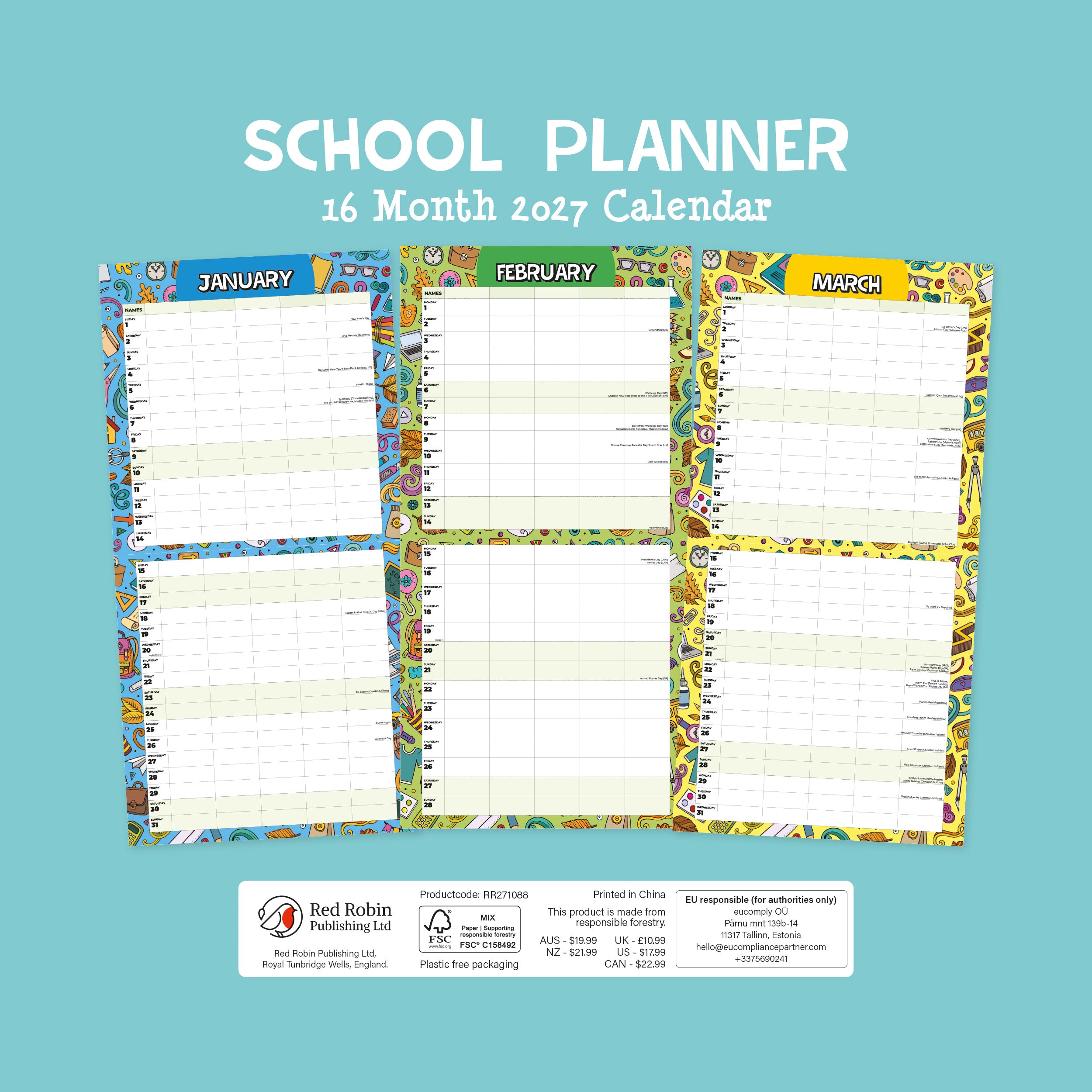 2027 School Planner - Square Wall Calendar