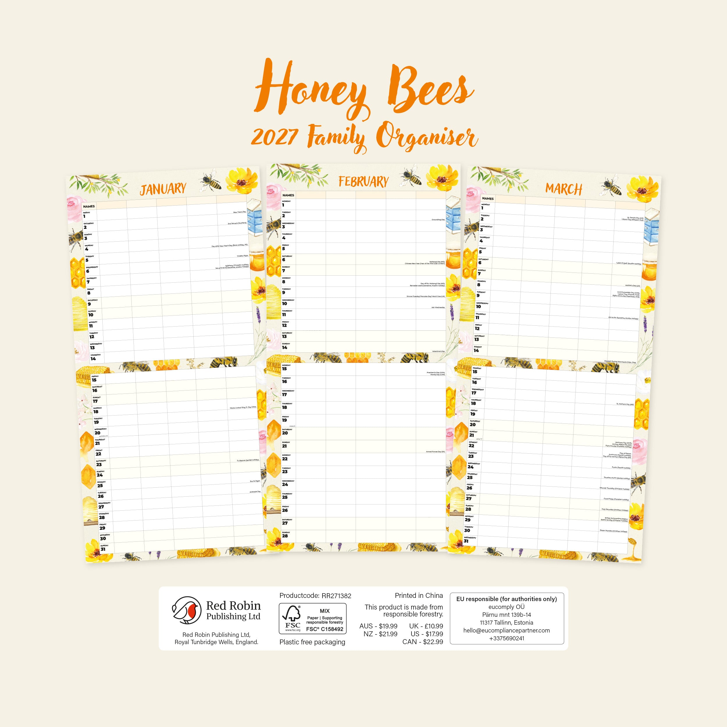 2027 Honey Bees Family Organiser - Square Wall Calendar