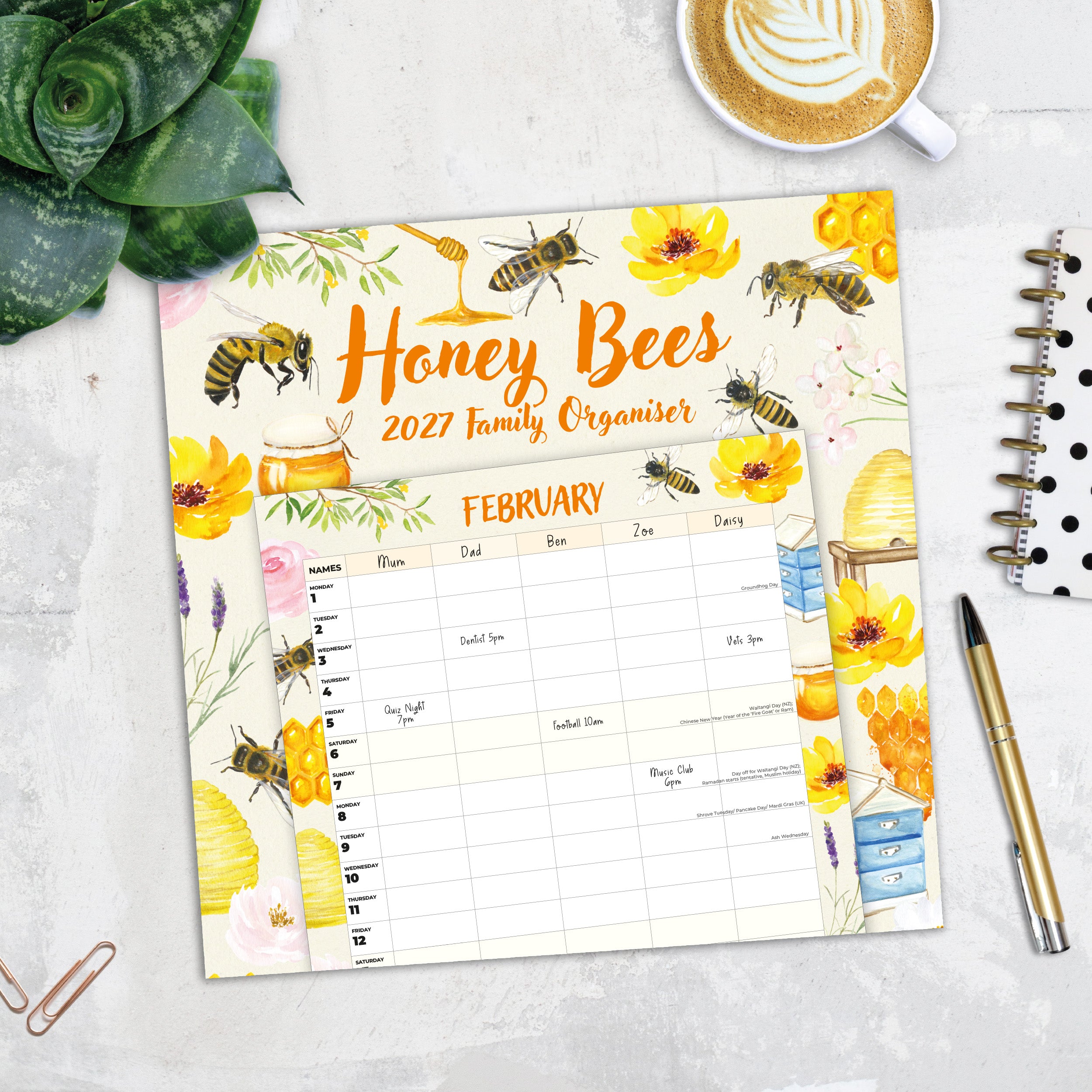 2027 Honey Bees Family Organiser - Square Wall Calendar