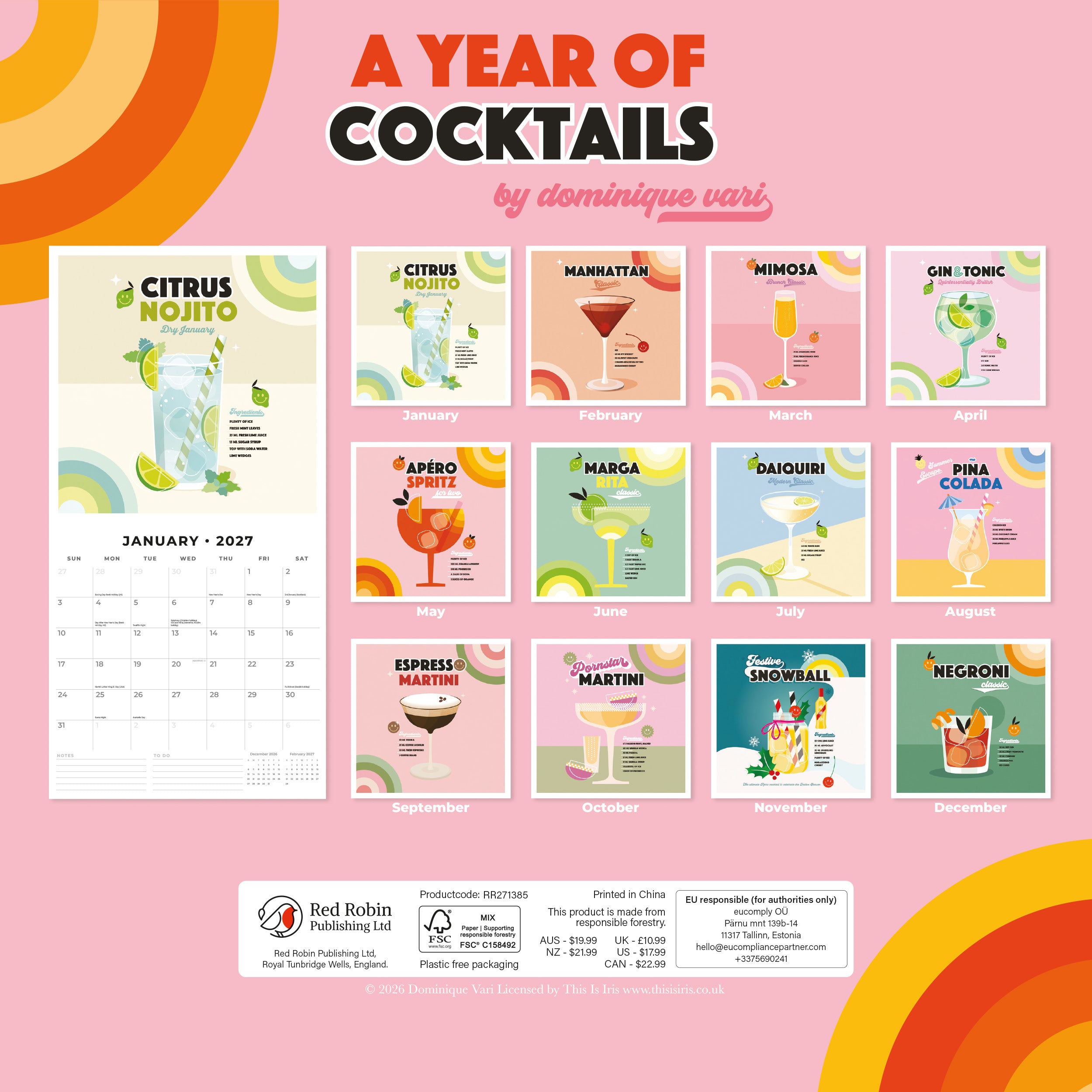 2027 Dominique Vari A Year in Cocktails - Square Wall Calendar