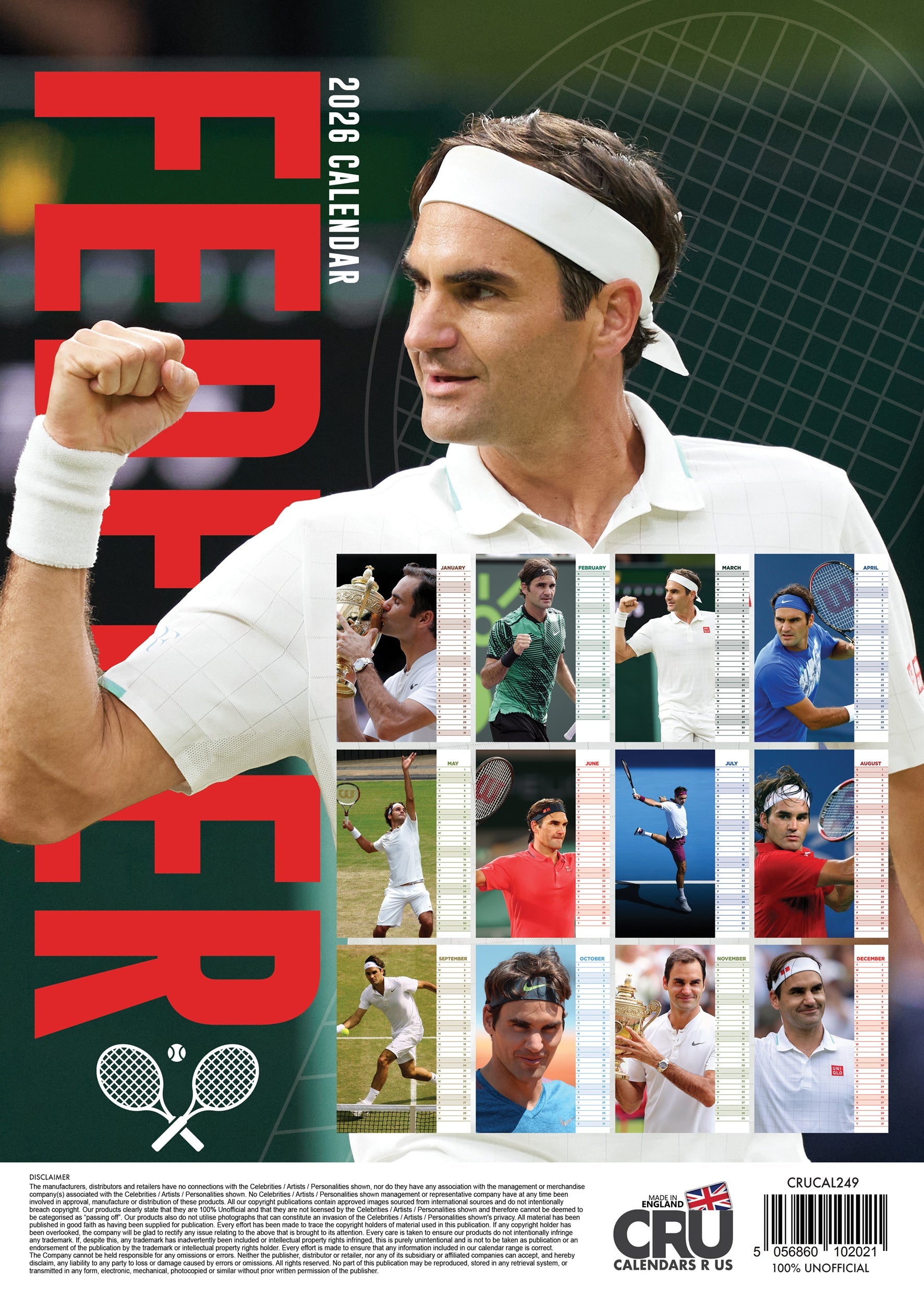 2026 Roger Federer - A3 Wall Calendar