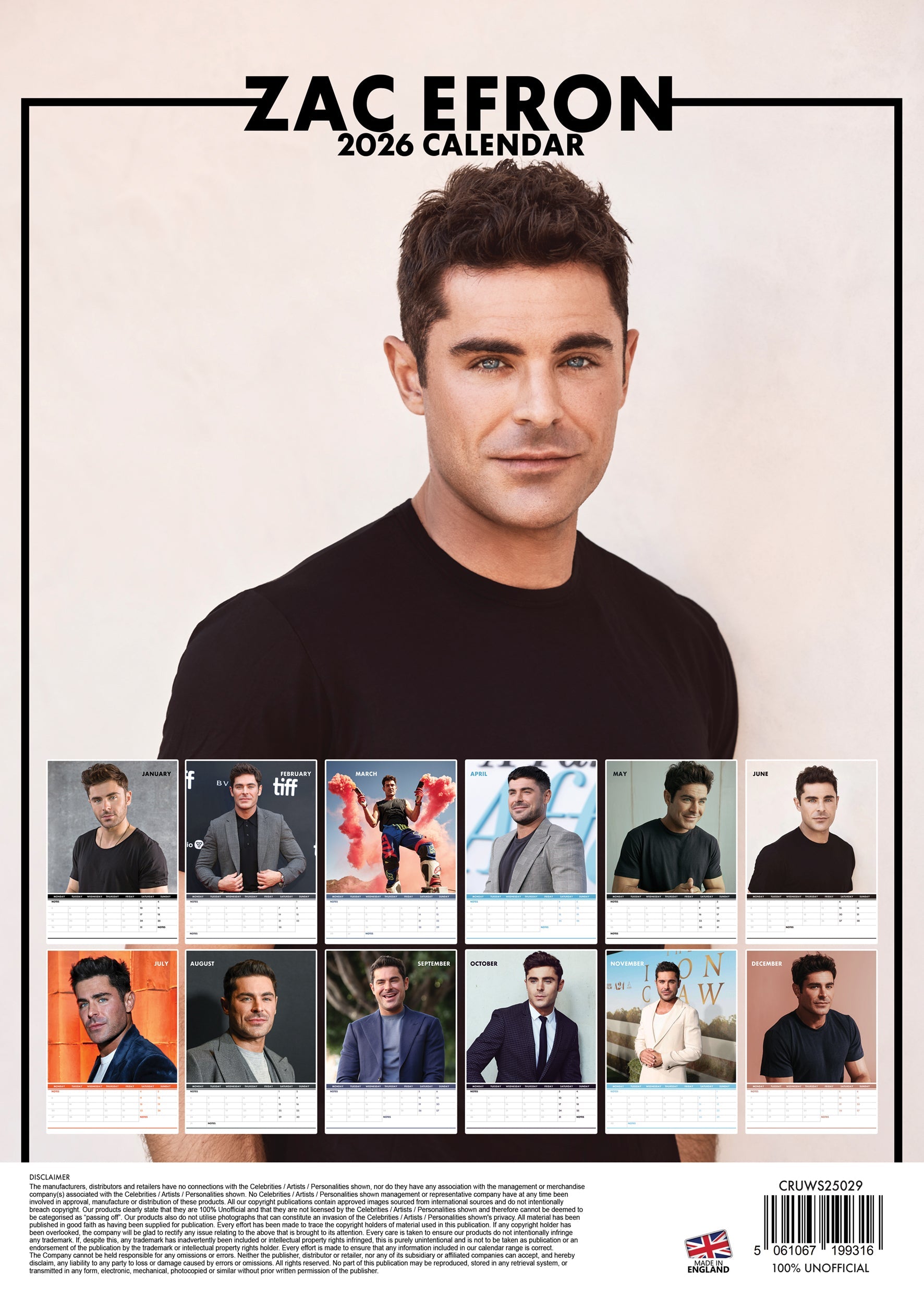 2026 Zac Efron - A3 Wall Calendar
