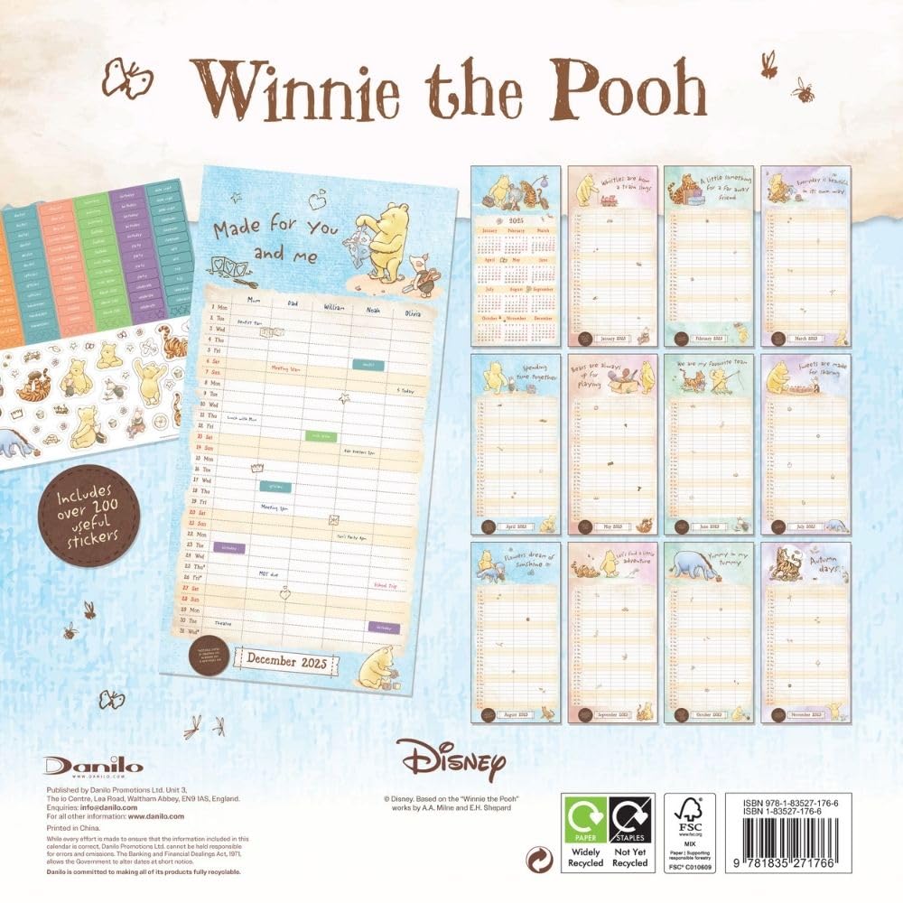 2025 Winnie The Pooh Family Organiser - Square Wall Calendar