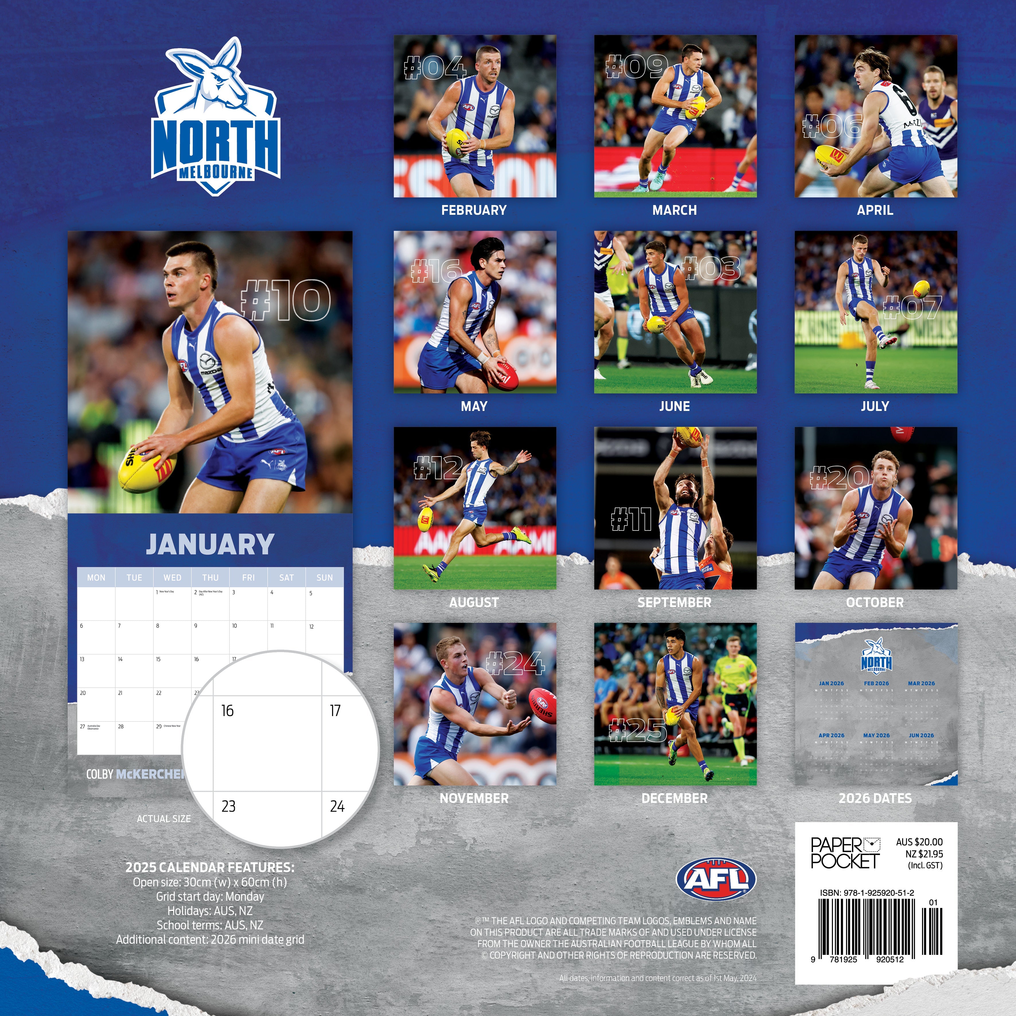 2025 AFL North Melbourne Kangaroos - Square Wall Calendar