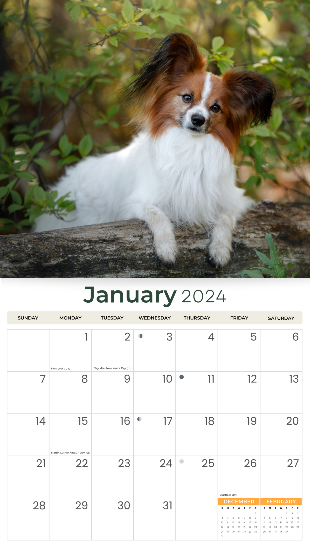 2024 Papillons Dogs & Puppies - Deluxe Wall Calendar by Just Calendars - 16 Month - Plastic Free