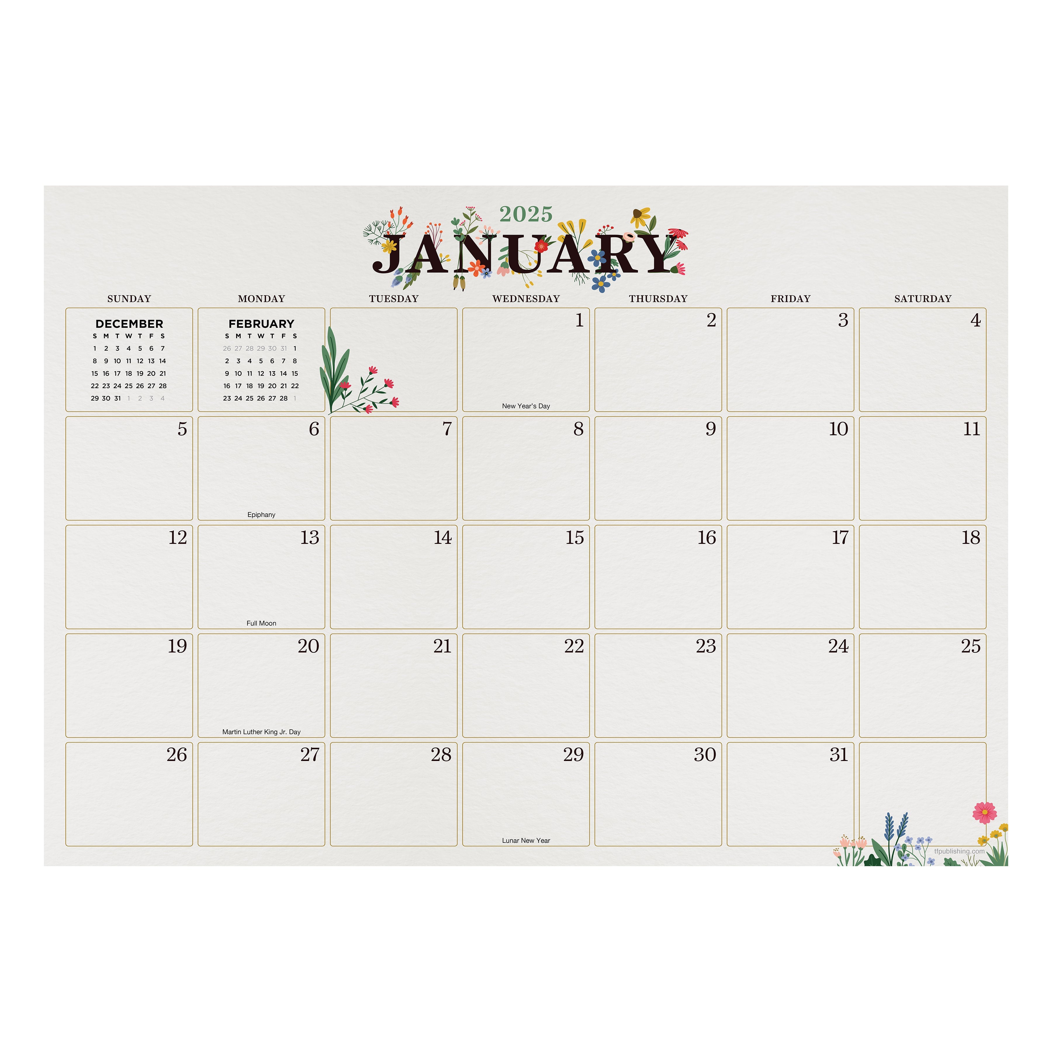 2025 Floral - Monthly Medium Desk Pad Blotter Calendar