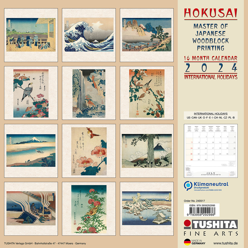 2024 Hokusai Japanese Woodblock Printing Square Wall Calendar Art