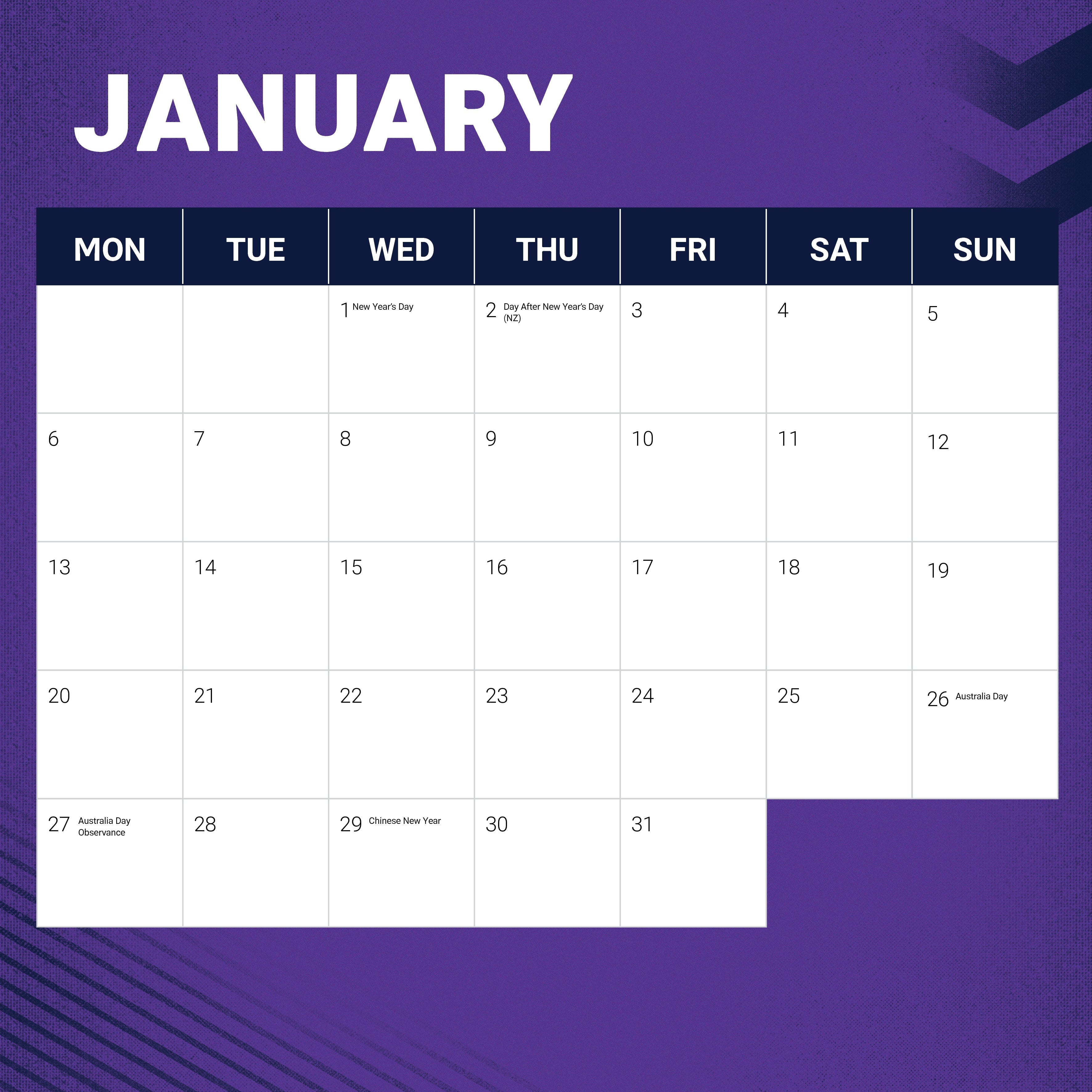 2025 NRL Melbourne Storm - Square Wall Calendar