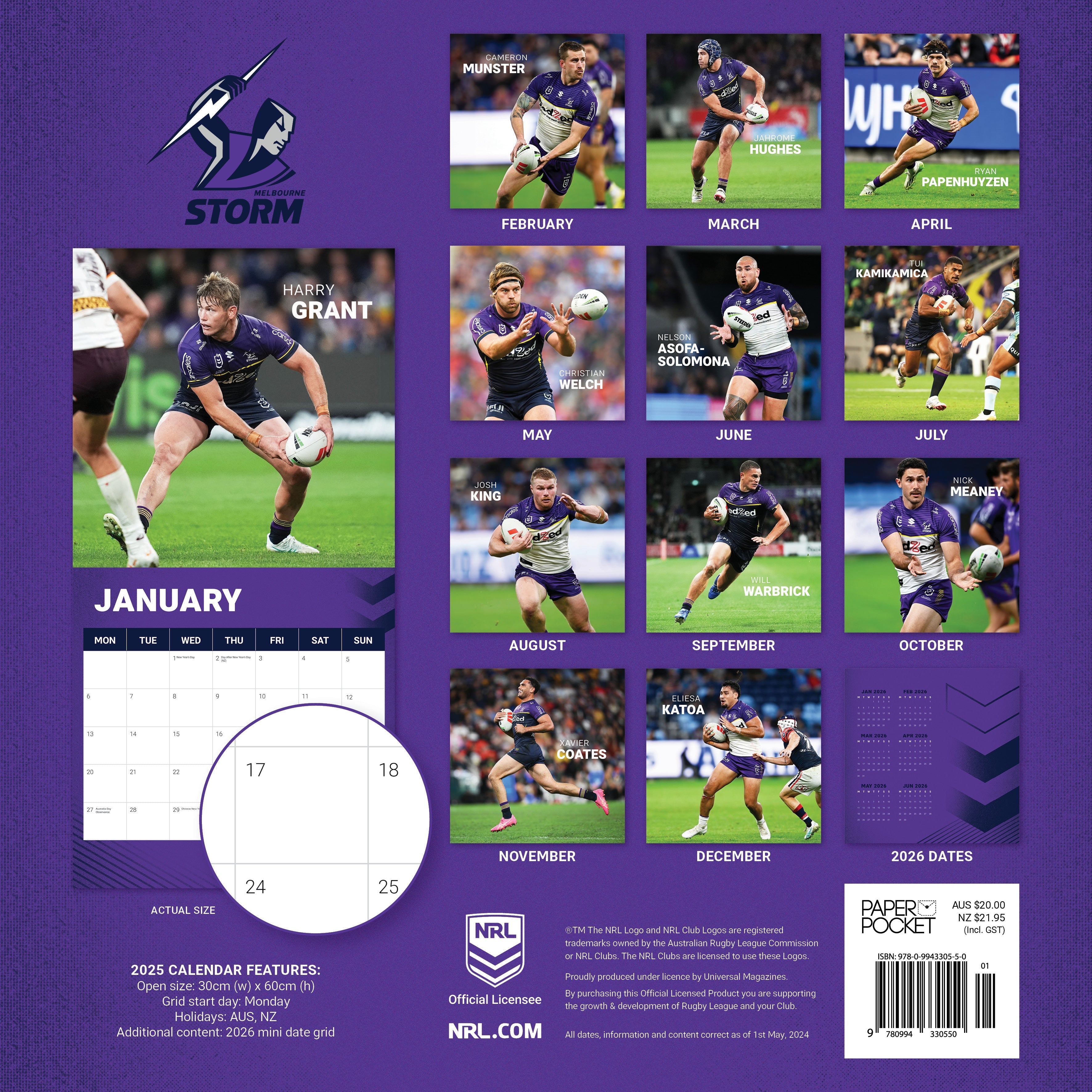 2025 NRL Melbourne Storm - Square Wall Calendar