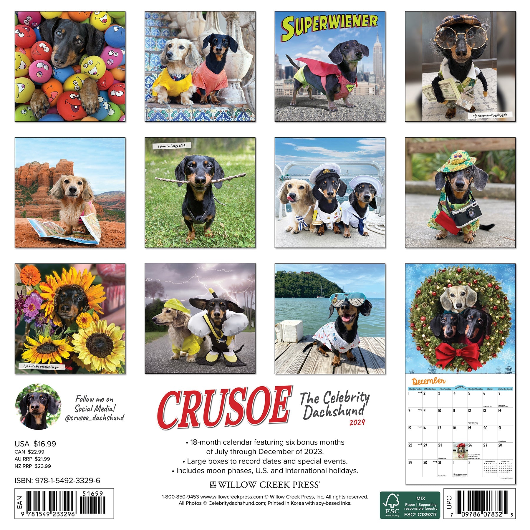 2024 Crusoe the Celebrity Dachshund Square Wall Calendar Dogs